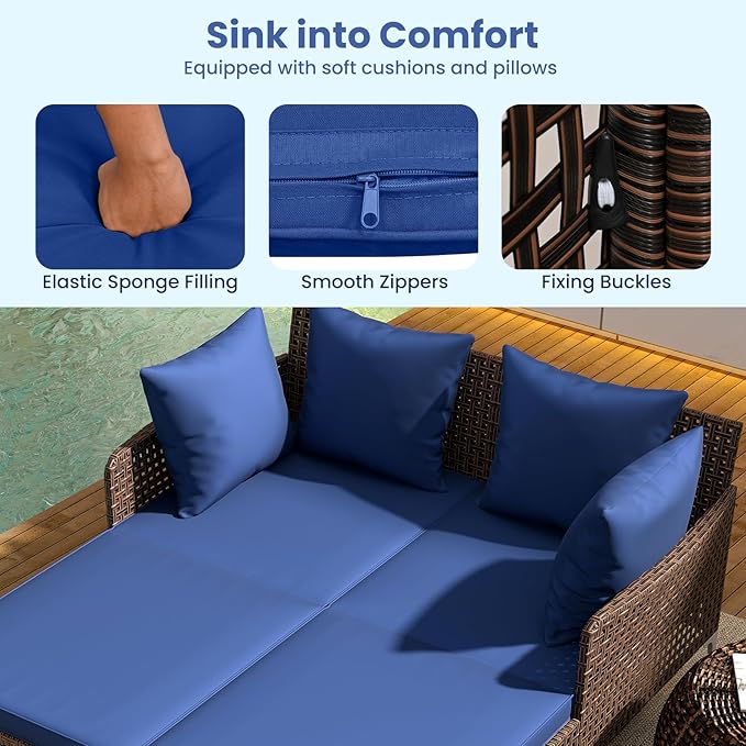 Tangkula Outdoor Rattan Double Daybed, Boho Wicker Chaise Lounge for 2 with Seat & Back Cushions, Outdoor Sunbed Loveseat with Metal Support for Backyard, Poolside & Deck (Navy)