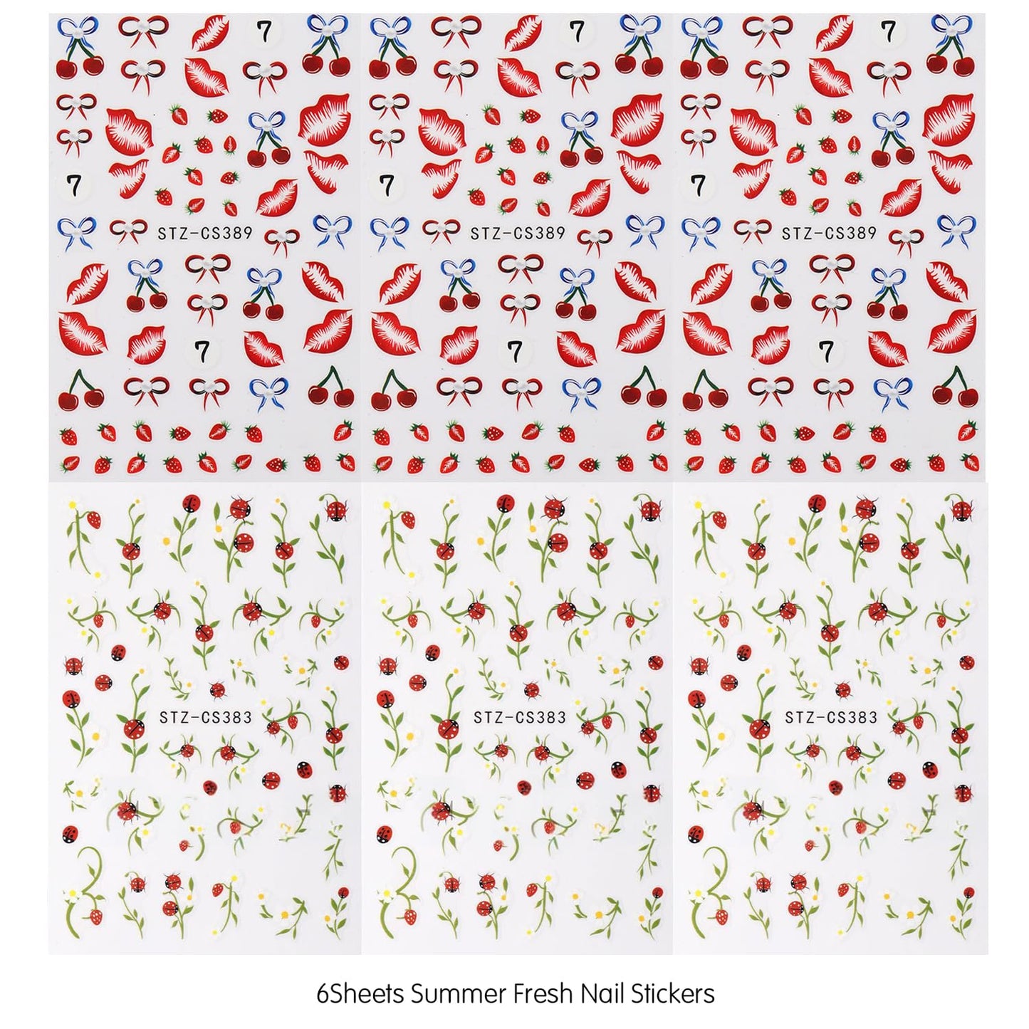 Strawberry Lips Nail Art Stickers Bow Cherry Nail Art Decals 3D 6Sheets Self-Adhesive Fruit Stickers Beetle Flower Leaf Nail Designs for Women Summer Fresh Style Nail Supplies Decorations