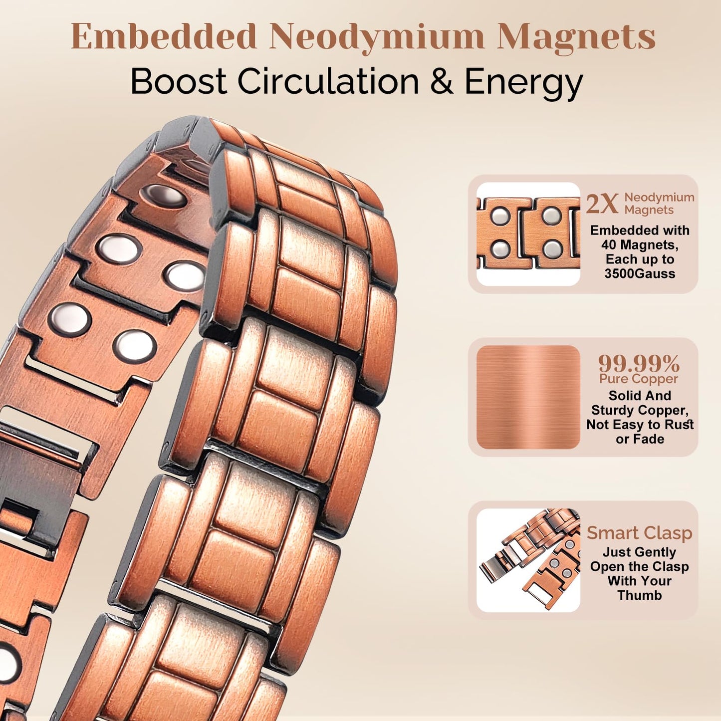 JEROOT Men's 99.99% Pure Copper Magnetic Bracelet, 3500 Gauss Magnets Adjustable with Sizing Tool