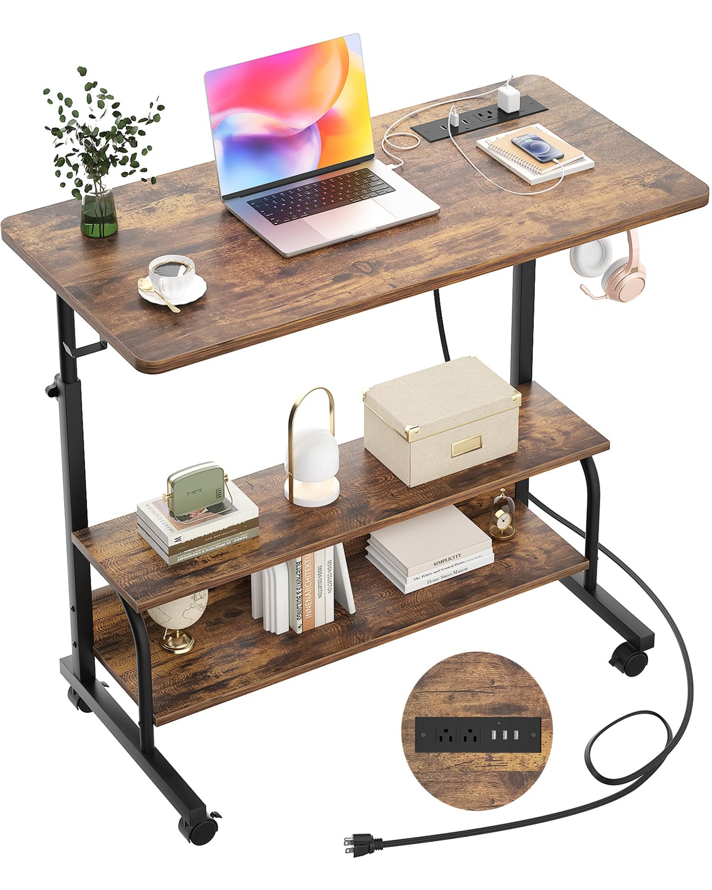 Armocity Rolling Standing Desk with Power Outlets, 32" Manual Height Adjustable Mobile Computer Desk with Wheels, Small Portable Sit Stand Laptop Couch Table for Bed & Sofa Home Office, Rustic Brown