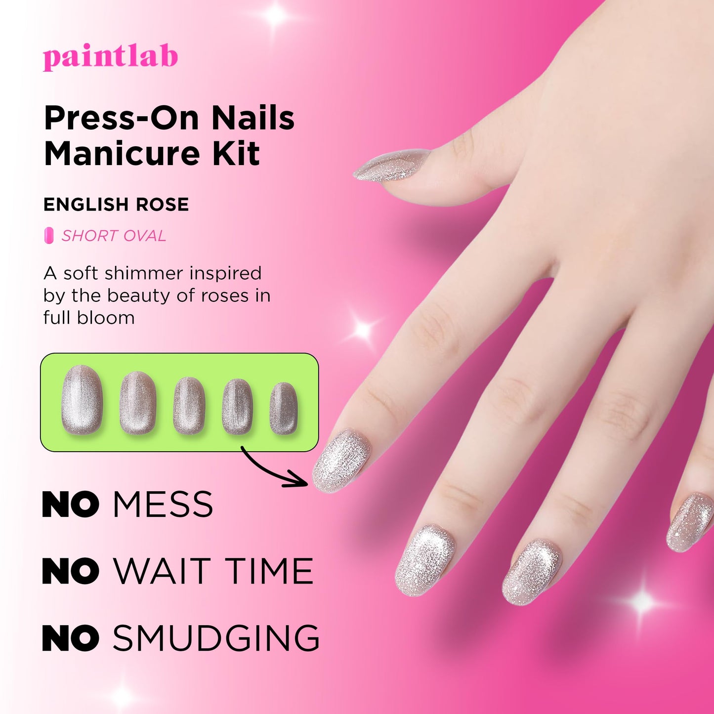 PaintLab Press On Nails - English Rose Cat Eye Short Oval Fake Nails, 30 Nails in 15 Sizes with Glue, Reusable Salon Quality Press On Nails