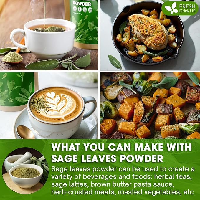 FreshDrinkUS, Sage Leaf Powder 16oz – Premium Culinary Herb, Pure Ground Sage Leaves for Cooking, Baking & Herbal Infusions – Resealable Pouch