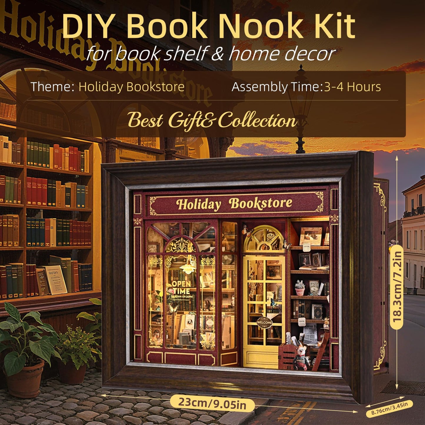 Book Nook Kit-3D Wooden Puzzle with LED Switch Control & Wall-Mountable Frame,DIY Miniature House for Beginners,Bookshelf/Tabletop/Wall Decor for Craft Lovers,Dollhouse Gift,Holiday Bookstore