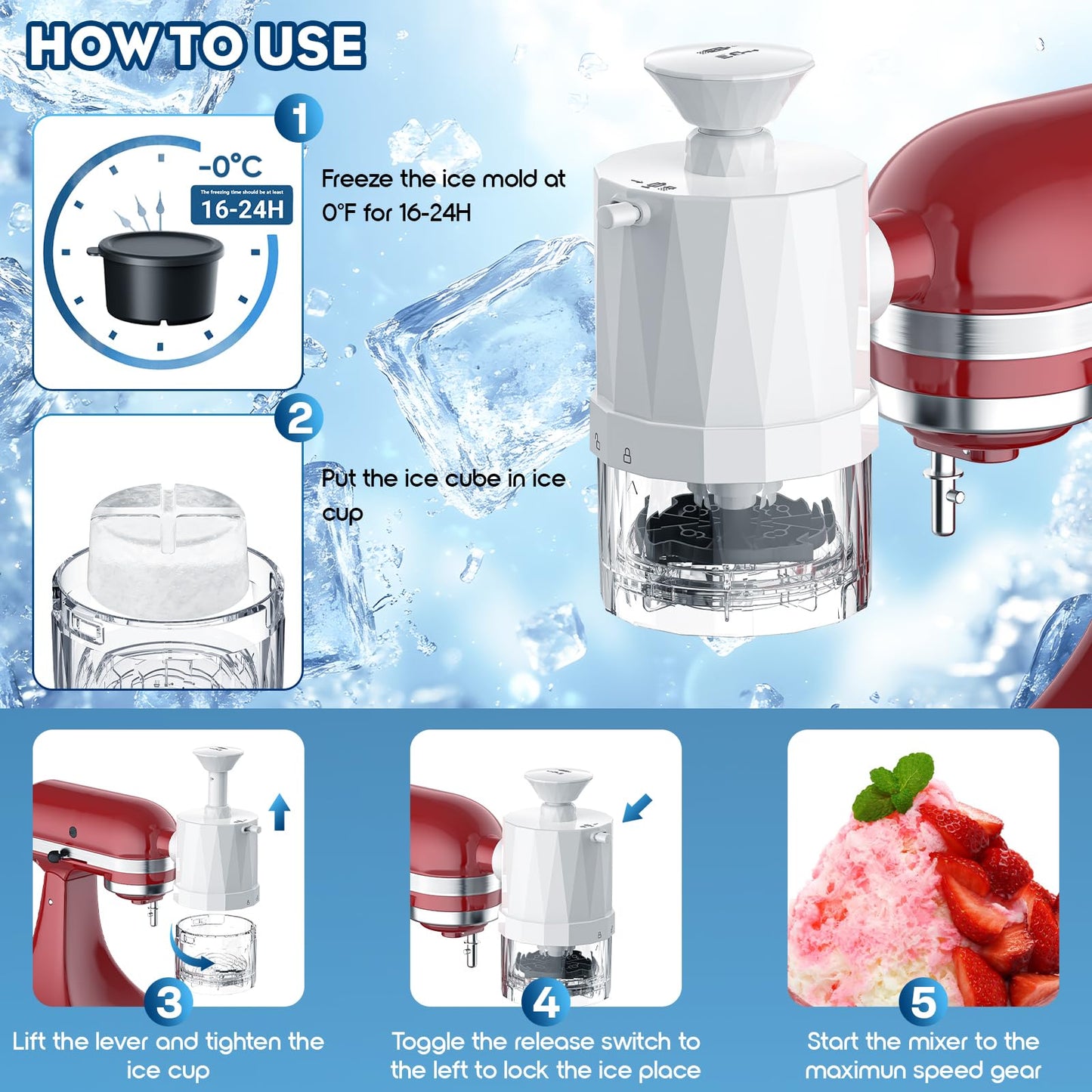 Shave Ice Attachment for Kitchenaid Stand Mixer, Shaved Ice Machine for Kitchen aid with Coarse and Fine Blades, 8 Ice Cube Molds, Snow Cone Maker