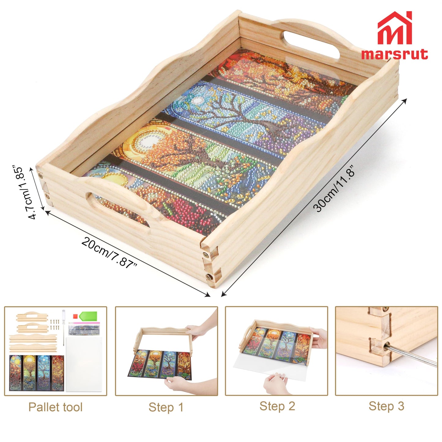Diamond Art Wooden Tray Kit, 5D Painting Rectangular Serving Tray, Dot Drilled Dinner Plate, Creative DIY Mosaic with Handle & Four Seasons Scenery for Adults, Tea Coffee Snack, Home, Restaurant, Bar