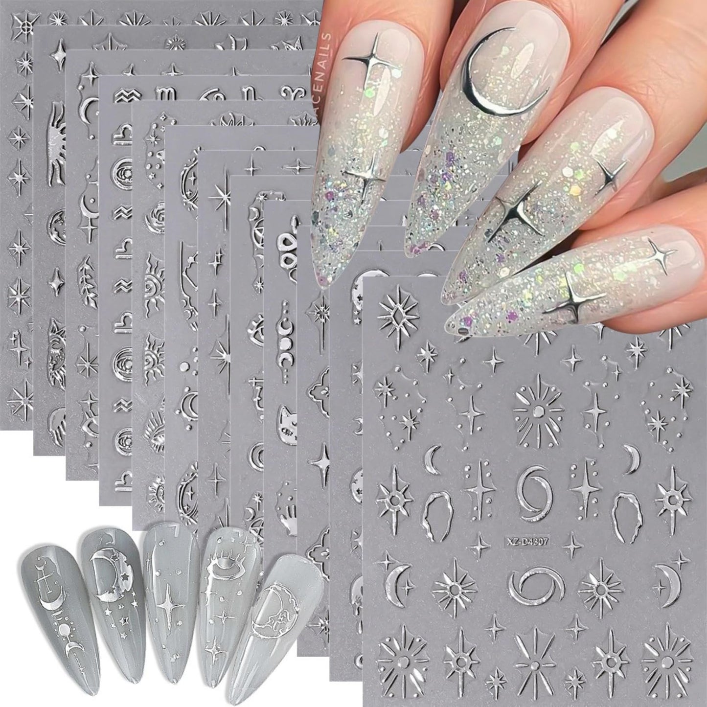 12 Sheets Bronzing Silver Nail Art Stickers, 3D Self-Adhesive Sun Moon Stars Designs Nail Sticker Acrylic Manicure Decals Decorations Accessory for Women Girls