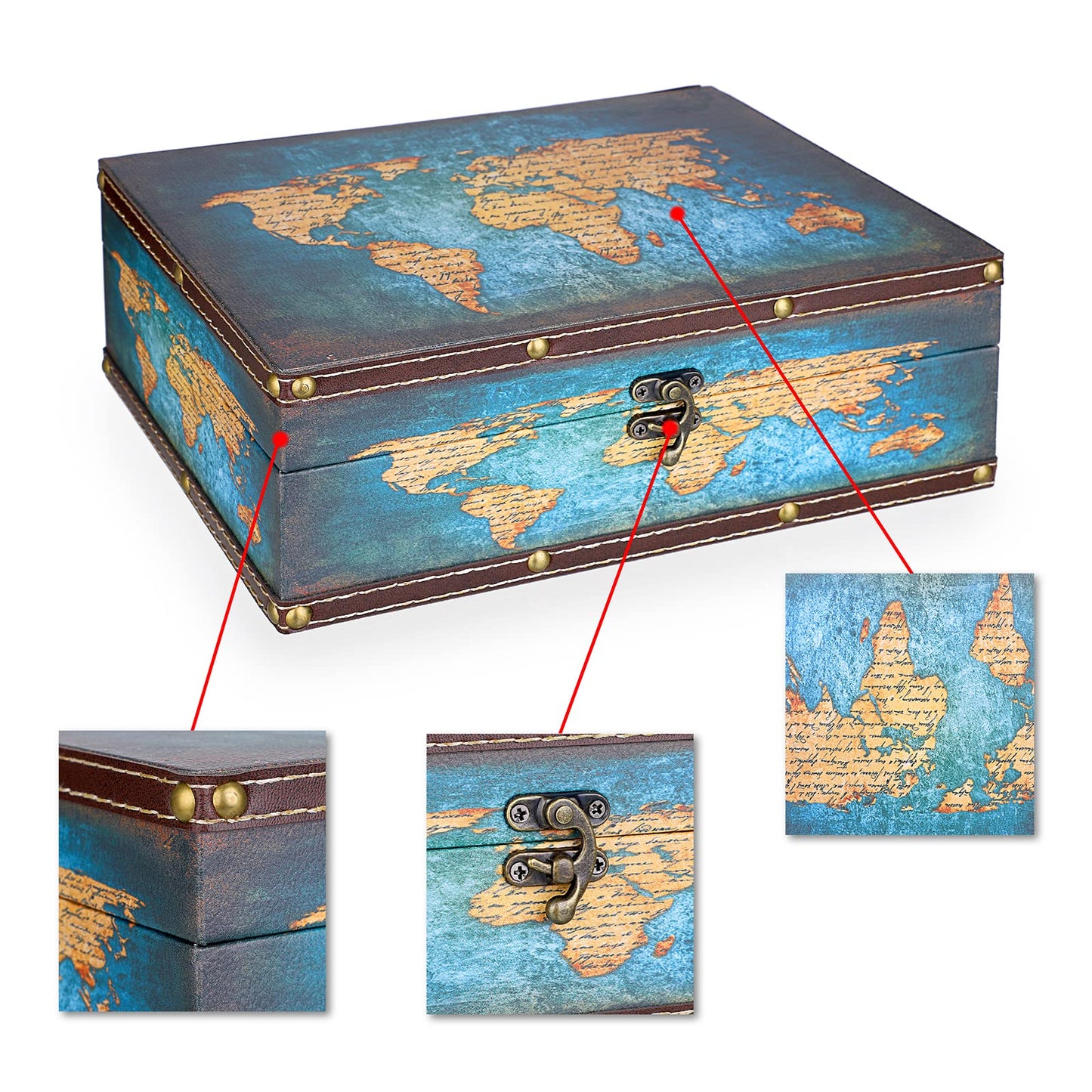 ELLDOO Decorative Treasure Chest Box, Wooden + PU Leather Storage Box for Jewelry Trinkets Photos, Rectangular Keepsakes box for Girls Women Gifts, Green Map Pattern