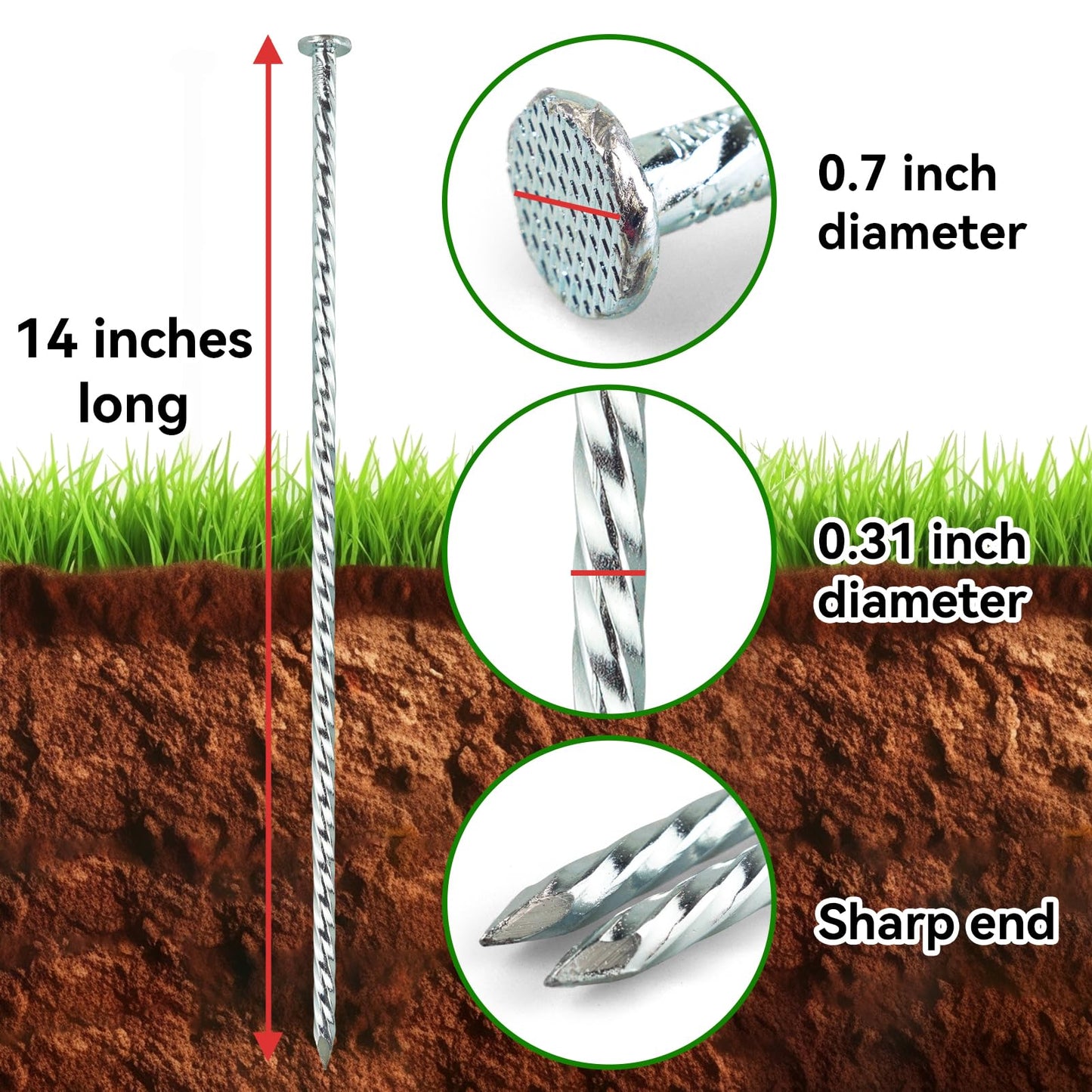 POSEOFFR 14-Inch Metal Pegs, 30-Pack Galvanized Spiral Landscape Anchoring Pegs, for Paver Edging, Weed Barrier, Artificial Turf & More