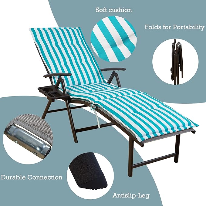 Kozyard Cozy Aluminum Reclining Lounge Chair for Beach, Yard, Pool, Deck, Patio - Outdoor Chaise Lounge with Drink Holder Weather Free Adjustable Assemble-Free Blue Strip Cushion