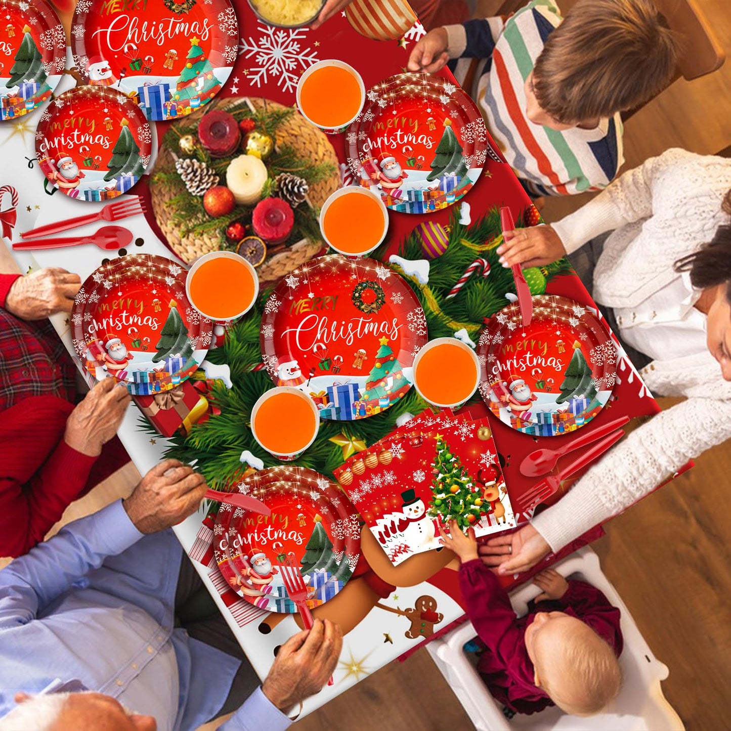 Christmas Party Decorations Xmas Party Supplies Serves for 25-Balloon, Banner, tablecloth, Backdrop, Disposable Paper Plate, Cup, Napkins, Knife, Fork, Spoon