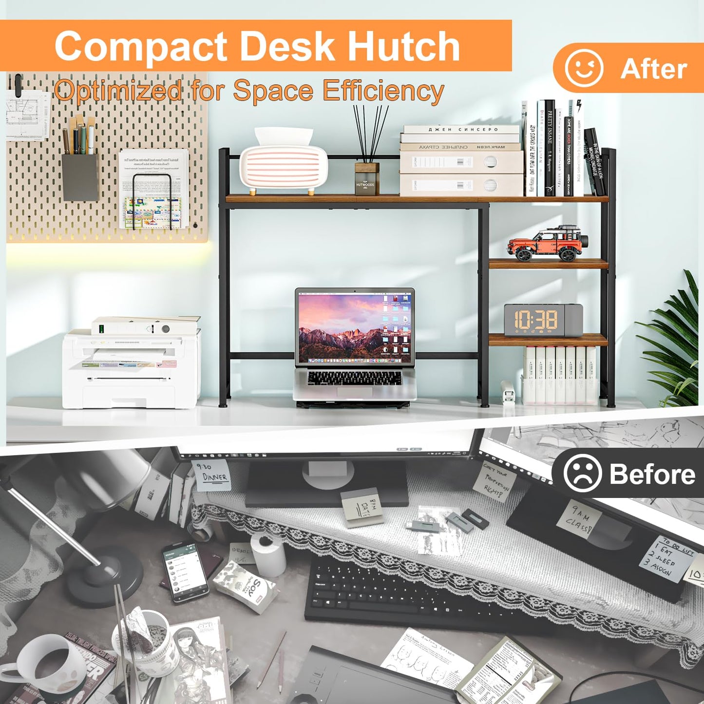 Snughome Desk Shelf, 44.9" Large Desktop Organizer Shelf, Desk Hutch for Computer Monitor, 4 Tier Desk Top Display Rack, Wood Desktop Bookshelf Storage Rack for Home Office Dorm