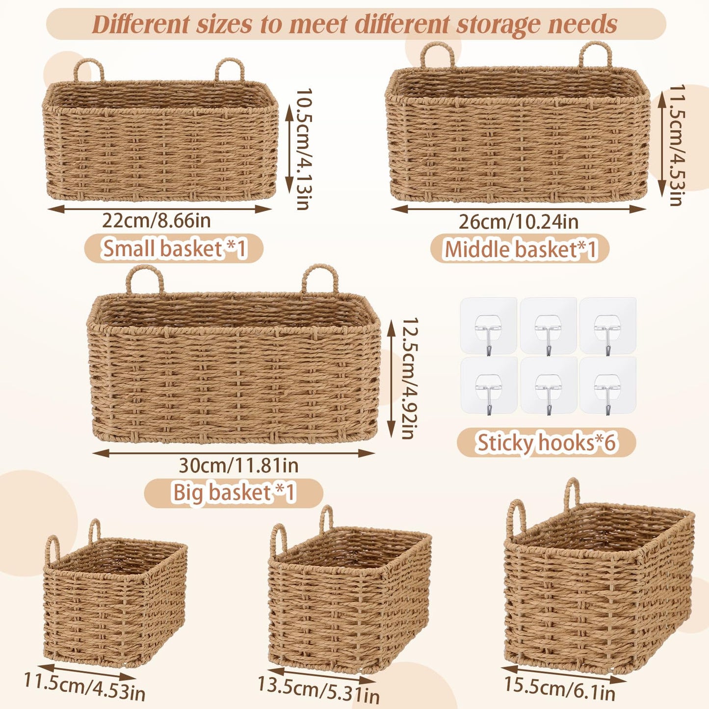 Ferrochef 3 Piece Wall Hanging Baskets for Organizing Paper Rope Woven Baskets Sets Boho Style Storage Bins for Fruits Vegetable Kitchen Storage Farmhouse Wall Decor Housewarming Gifts