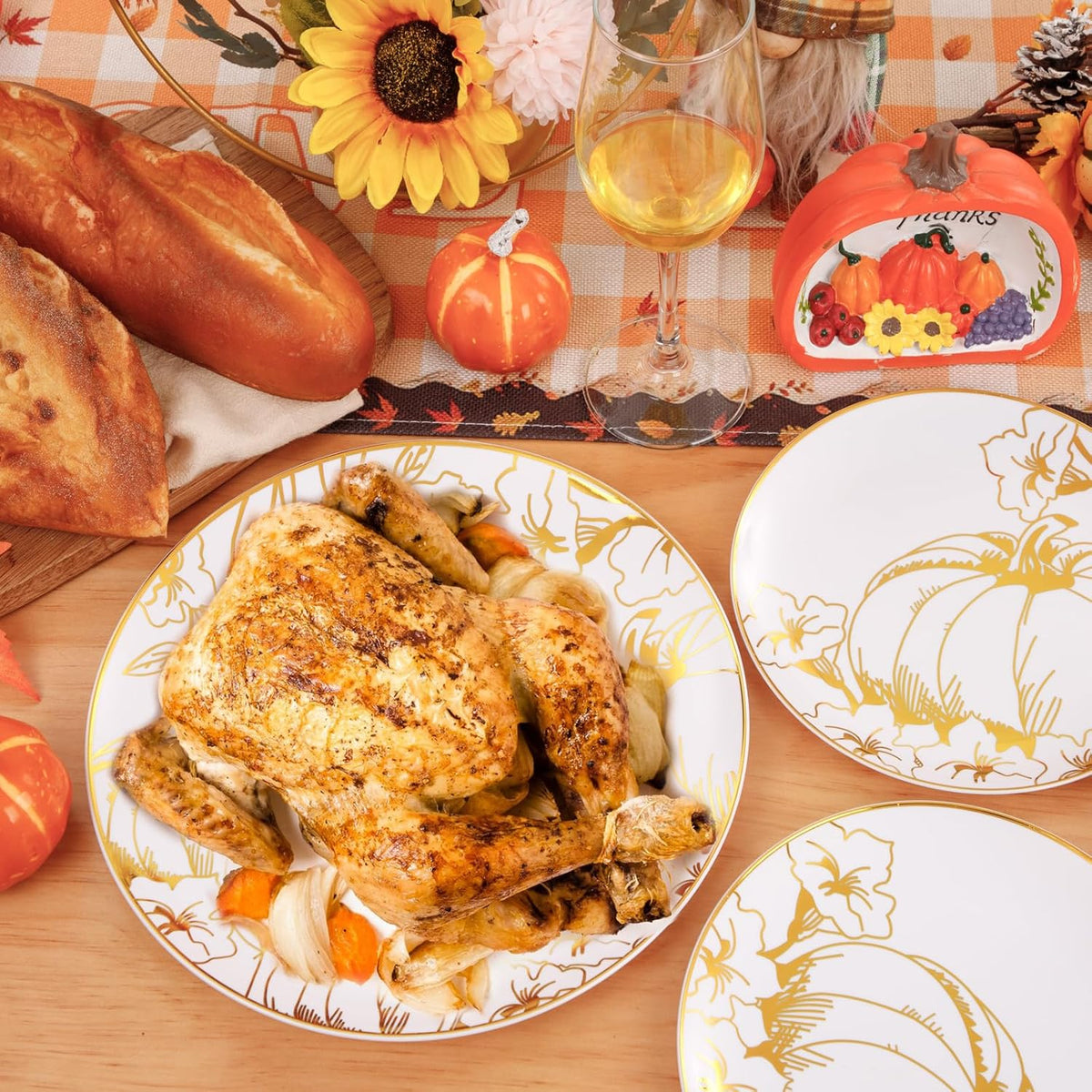 FLOWERCAT 60PCS Thanksgiving Plates & Gold Pumpkin Plates - Including 30PCS 10.25inch Thanksgiving Dinner Plates and 30PCS 7.5inch Thanksgiving Dessert Plates for Giving Thanks Theme Party