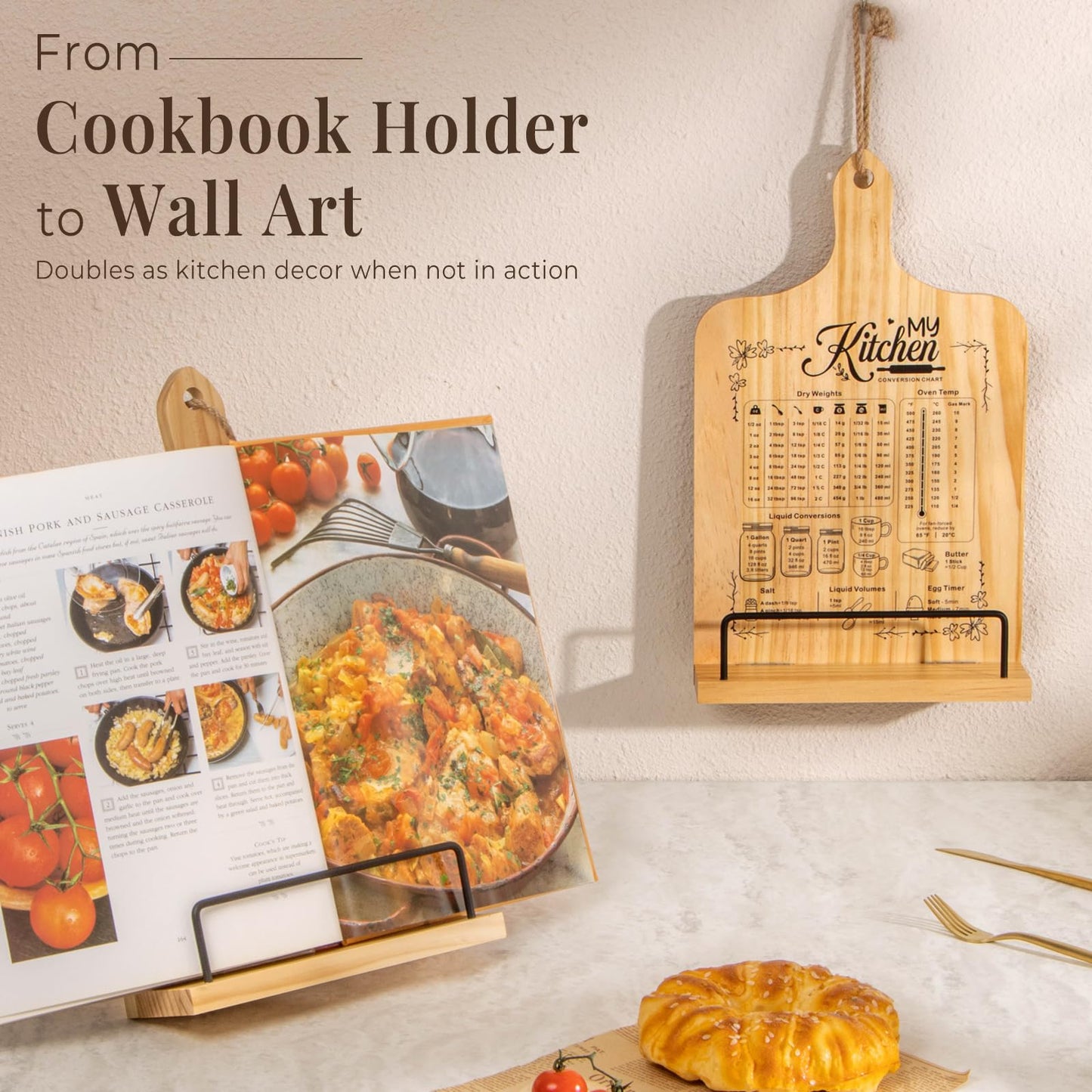 PUERSI Cook Book Stand for Kitchen Counter, Wooden Recipe Book Holder with Measurement Conversion Chart, Adjustable Cookbook Stand, Kitchen Gifts for Cooking Lovers