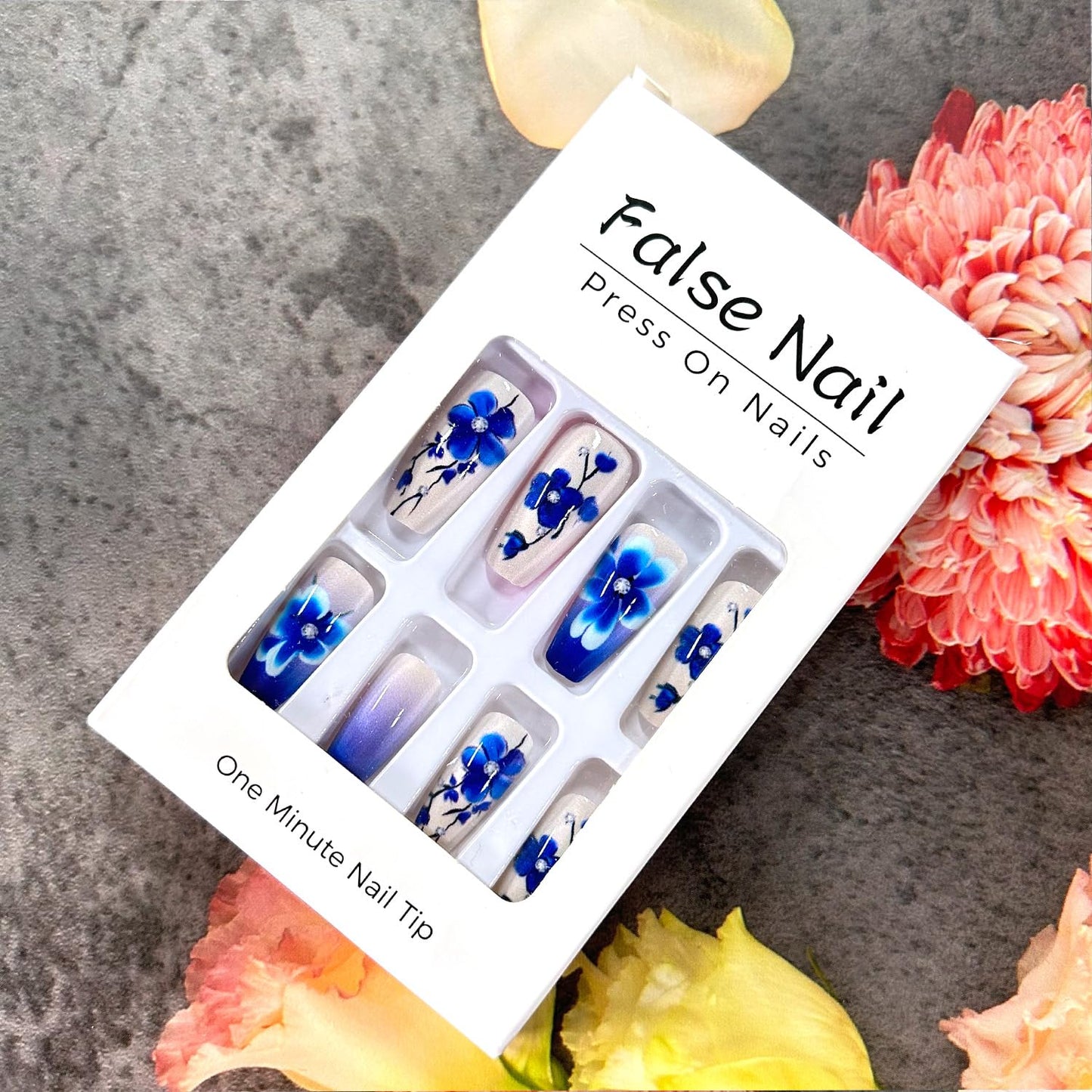 Blue Flower Press on Nails Medium Ballet Shaped Full Cover Glossy Acrylic False Nail Blue Floral Pattern Design Ballet Artificial Fingernails Blossom Stick on Nail Press Ons Glue on Nais for Women