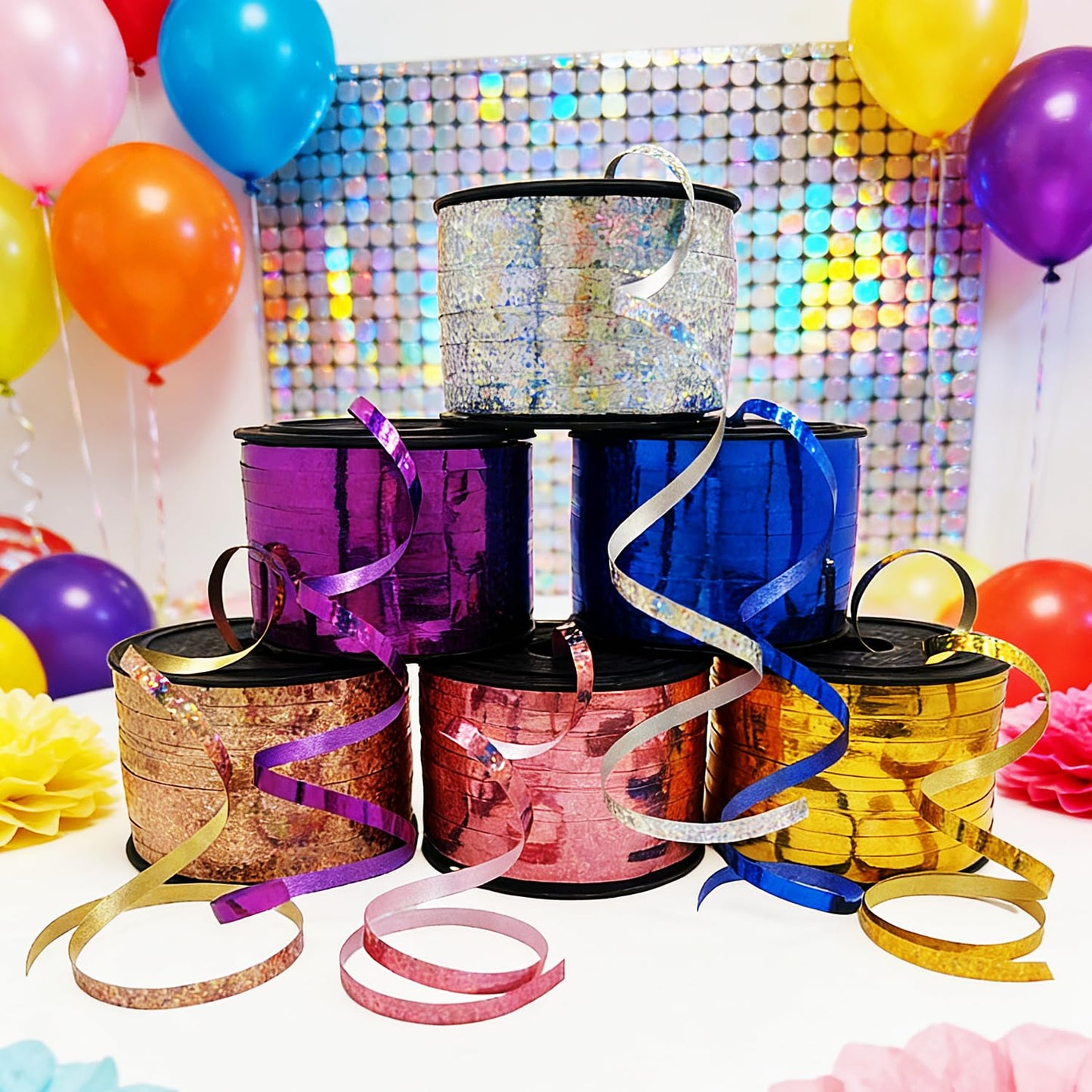 Decorative Curly Ribbon for Gift Wrapping, Party Balloon Decoration (Glitter Silver Blue Purple Gold)