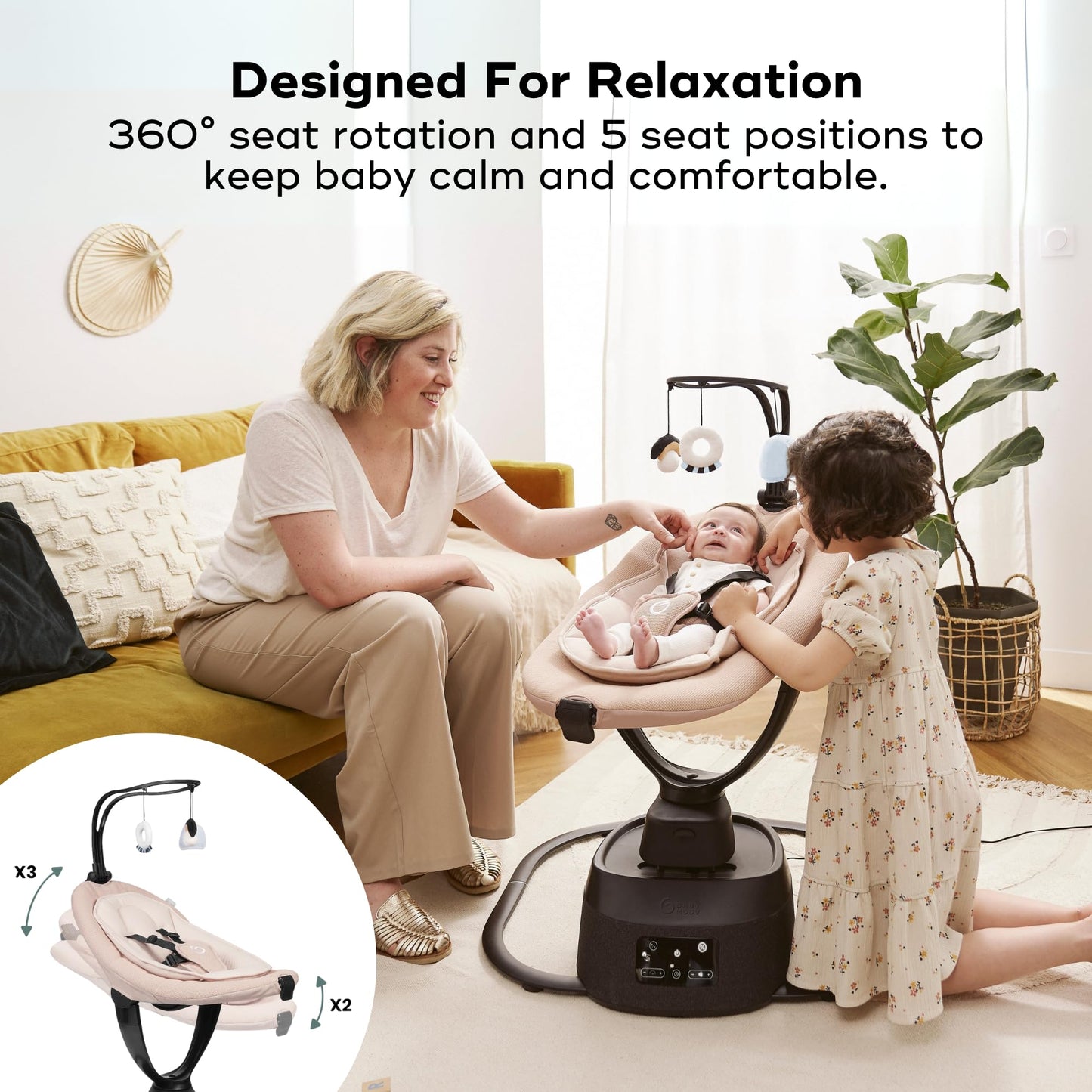 Babymoov Swoon Evolution Smart Electric Baby Swing, Bluetooth-Connected, 8 Motions, 360° Reclining Seat, Music Streaming, Voice Recording, Personalized Lullabies, Mobile App Control, Infant Included