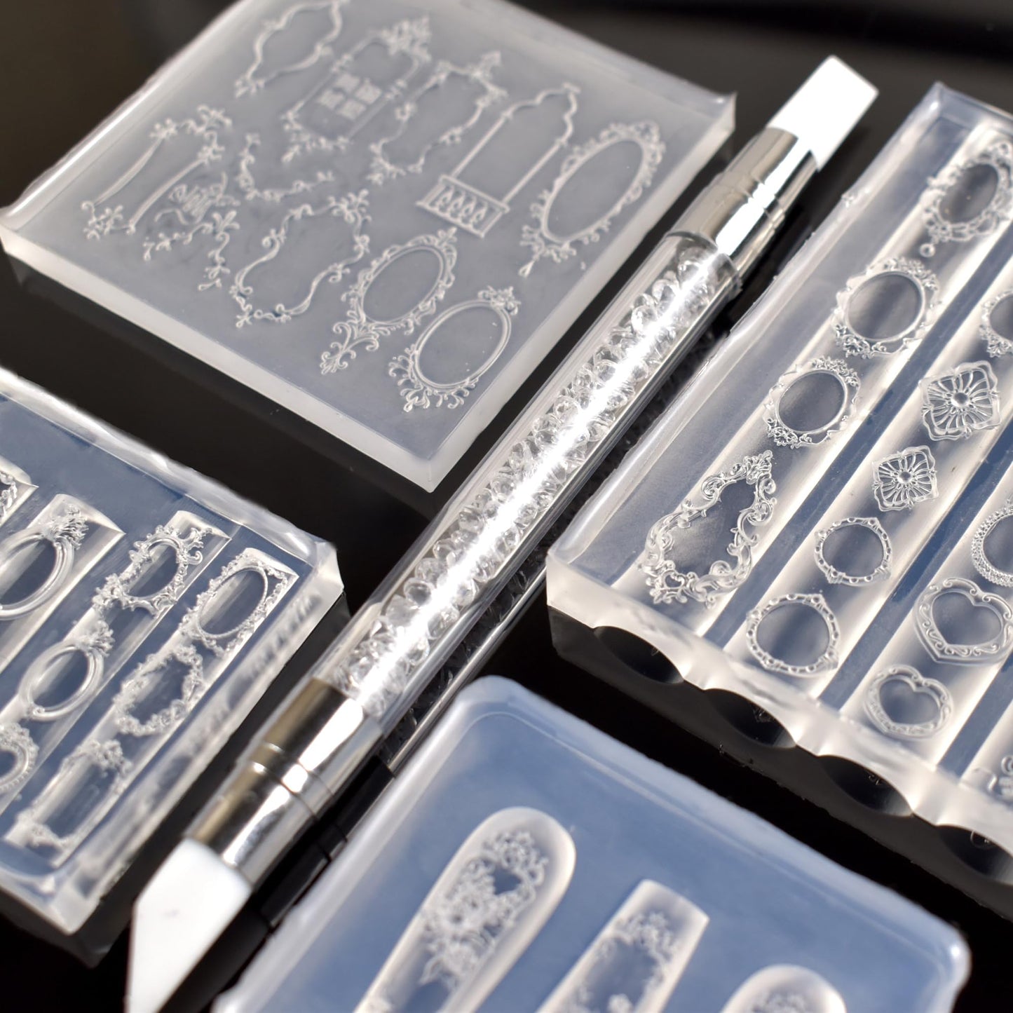 4Pcs 3D Frame Nail Mold Picture Frames Rose Window Designs Resin Molds with Carving Pen Clear Modeling Templates Silicone Tools for DIY Salon Nail Design