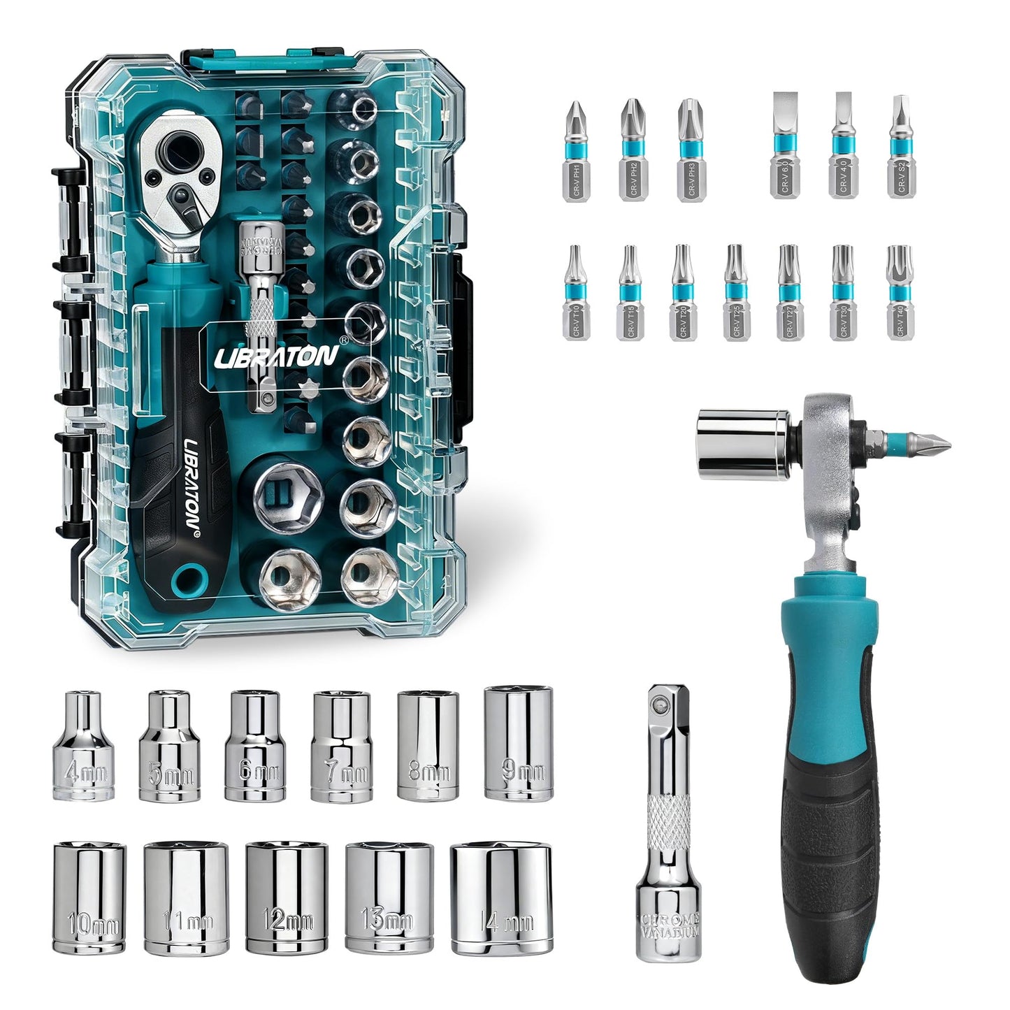 LIBRATON 26PCS 1/4" Drive Mini Socket & Ratchet Wrench Set with Bits, 4-14mm Metric Shallow Sockets, Mini Ratchet Set, Screwdriver Bit Set, Extension Bar, with Storage Case for DIY, Auto Repair