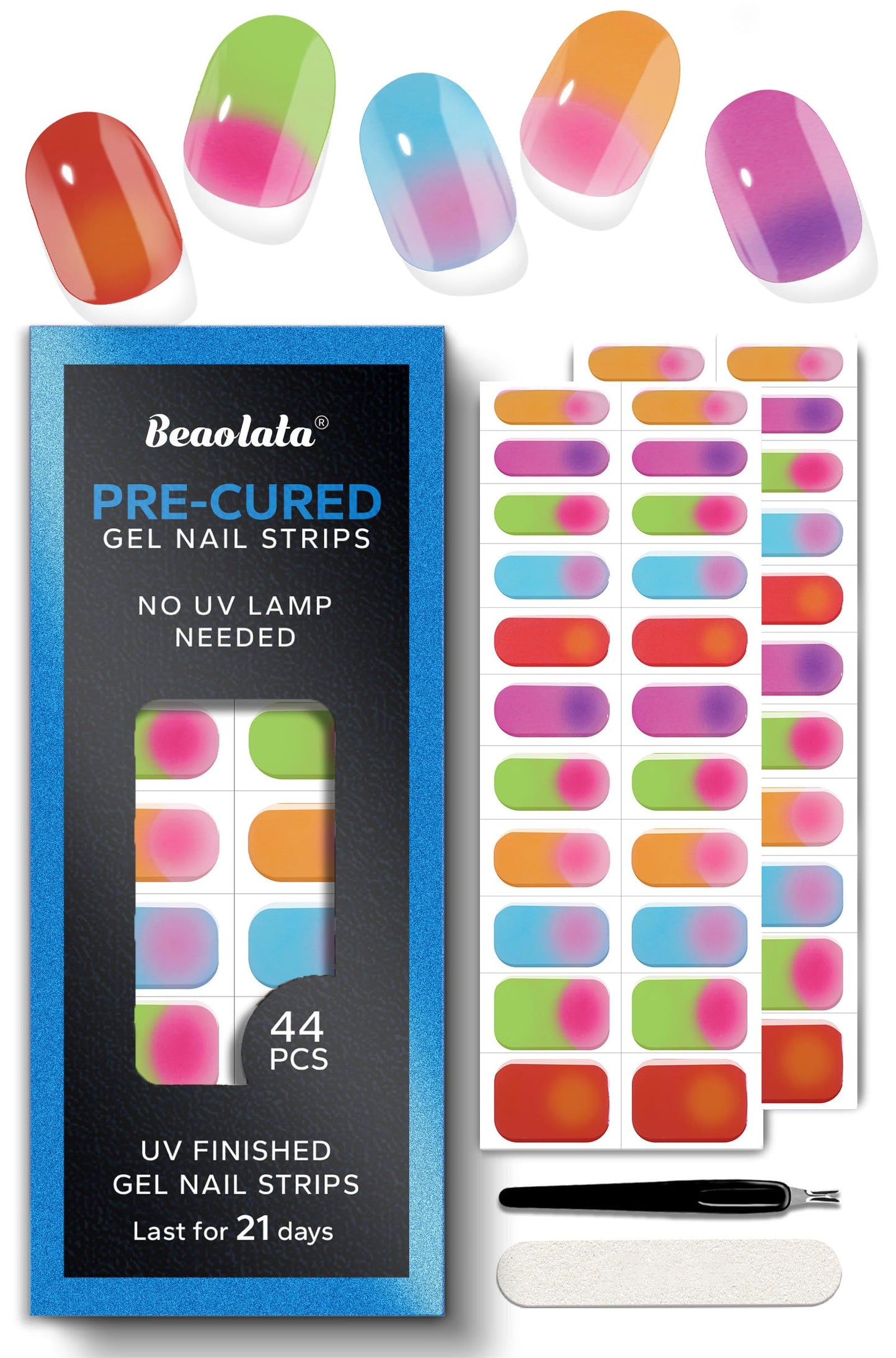 Beaolata Real Gel Nail Strips (No UV Light Needed) - 44Pcs Salon Quality Nail Stickers - Long Lasting Polish Wraps for Women, Easy Apply & Remove (Joy Bomb Pink)
