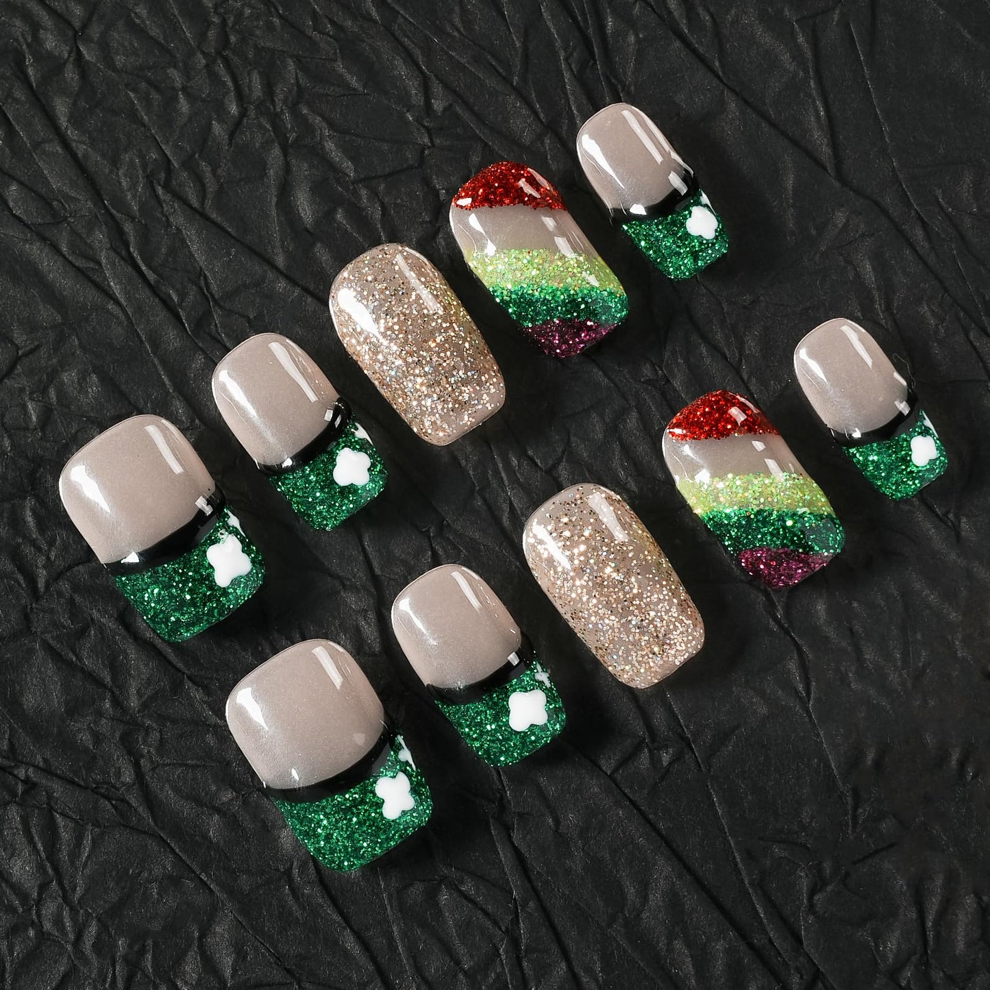 Tesytto Medium Square Press On Nails, Nude with Green Glitter French Tips and Hand-Painted White Clover, Rainbow Glitter Gradient Thick Acrylic Nails (Size M)
