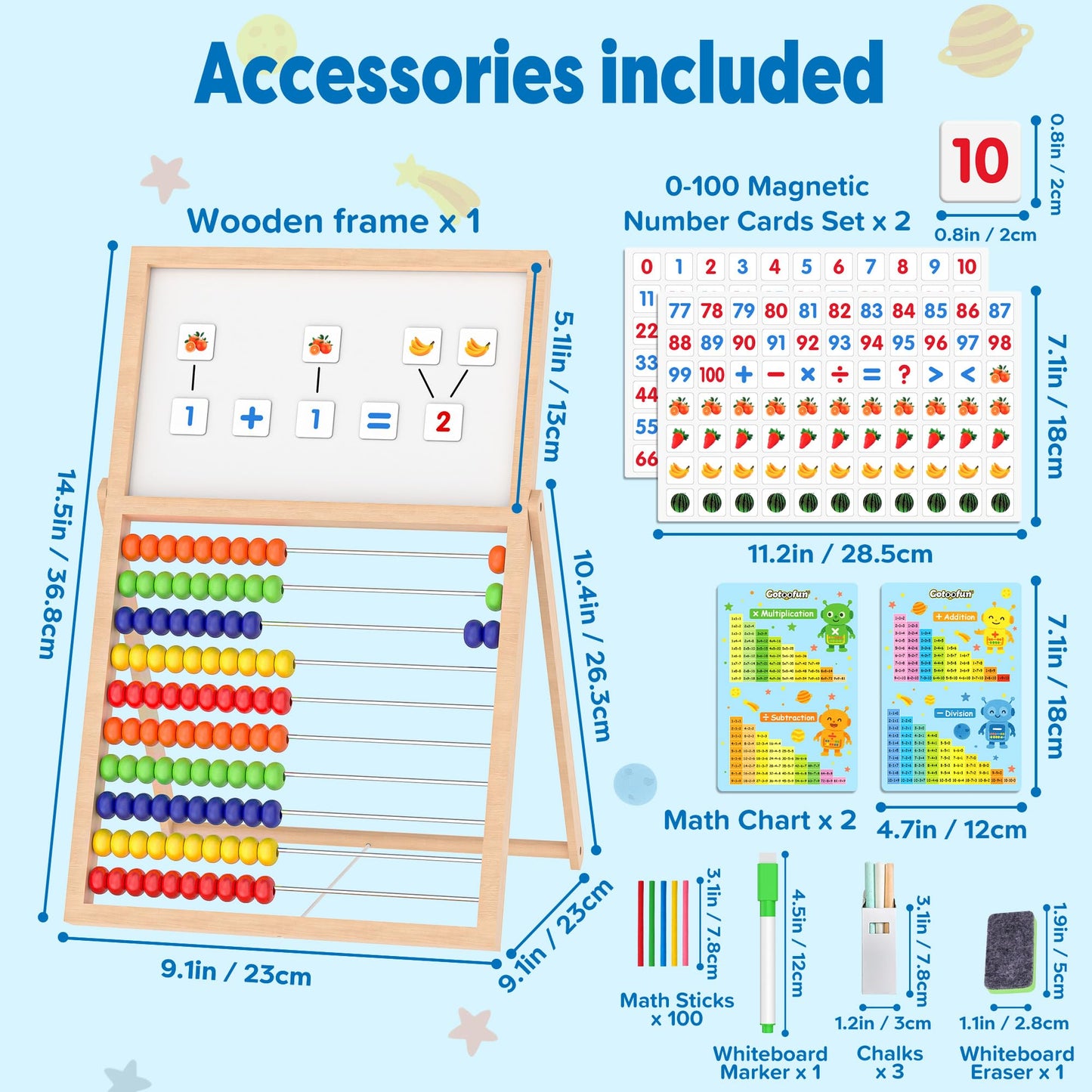 Gotoofun Wooden Abacus for Kids Math - Double-Sided Blackboard Whiteboard for Toddlers with 308 Magnetic Number & Fruit Cards, 100 Counting Sticks Montessori Educational Toys Homeschool Essentials