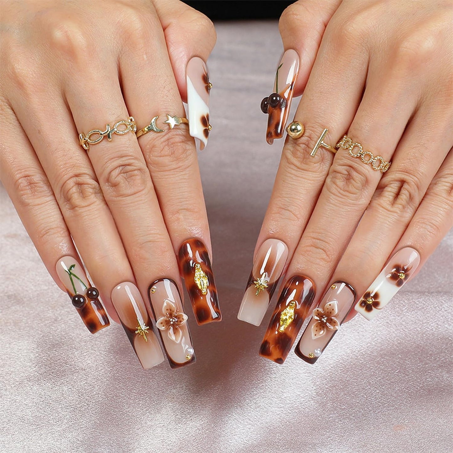 Brown French Tip Press on Nails Long Coffin Fake Nails Handmade Press on Nails 3D Luxury Flower and Cherry Embossed Designs Muti-Layer Gel Thick False Nails Glossy Acrylic Nails for Women (Size S)