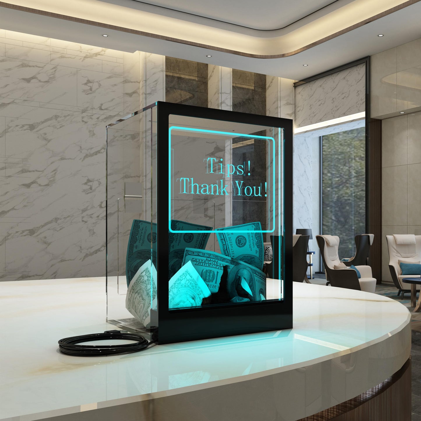 HEMYLU Tip Jar with 2 Sign Holders, LED Light & Lock for Bar & Party, Donation Box with Sign Holder ''Tips! Thank You!'', Suggestion Box with DIY Blank Sign Holder for Getting Cards, Voting & Ballots