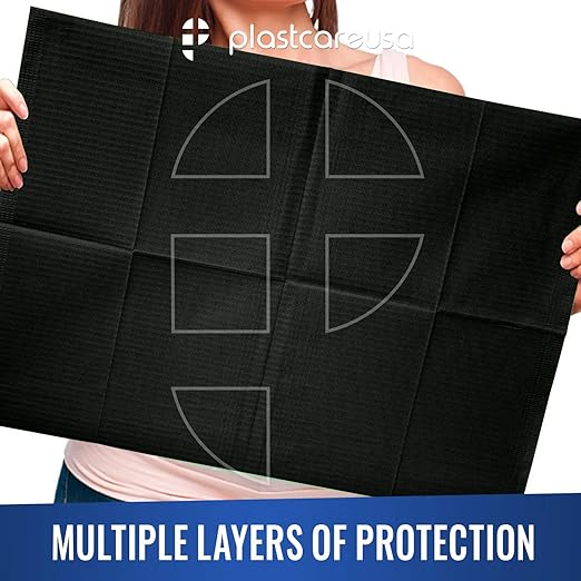 PlastCare USA Disposable Dental Bibs 13"x18" - 3 Ply Waterproof Tattoo Bib Sheet for Patients - Dentist or Medical Tray Cover and Nail Table Cover Supplies, Black
