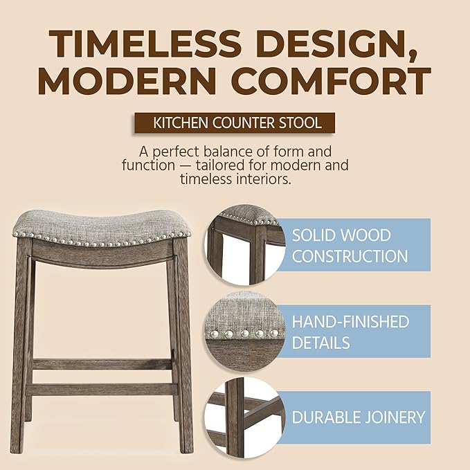 ROME + OAK Set of 3 Parker 26 Inch Counter Stool, Backless Saddle Kitchen Barstool in Walnut Finish with Grey Fabric Upholstery Cushion Seat