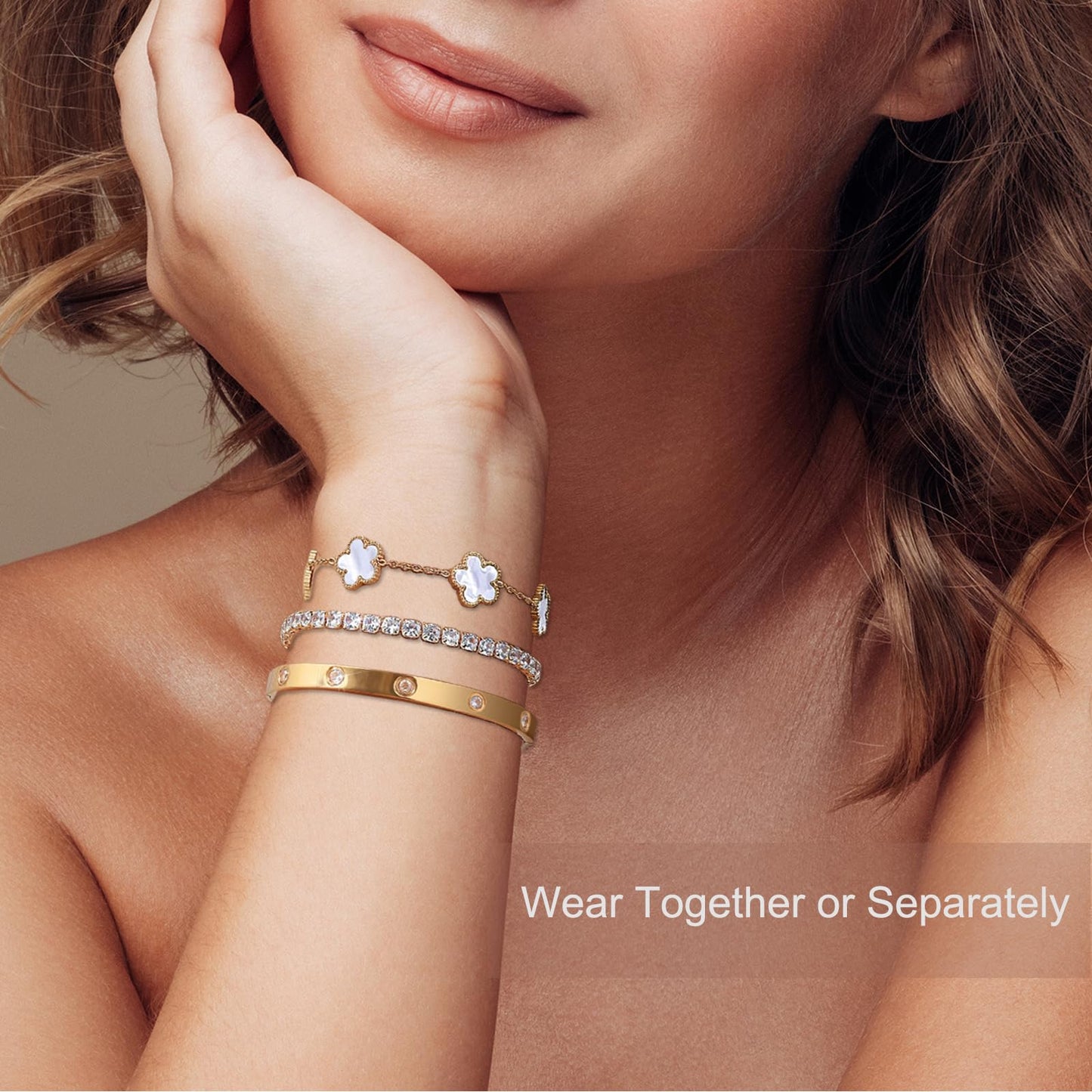 YOUNGGRACE 18K Gold Plated Bracelet Sets for Women - 3PCS Stackable Bracelets Including Bangle, Tennis Chain & Four Leaf Clover Bracelet, Elegant Gold Jewelry Set for Everyday Wear, Gift for Her