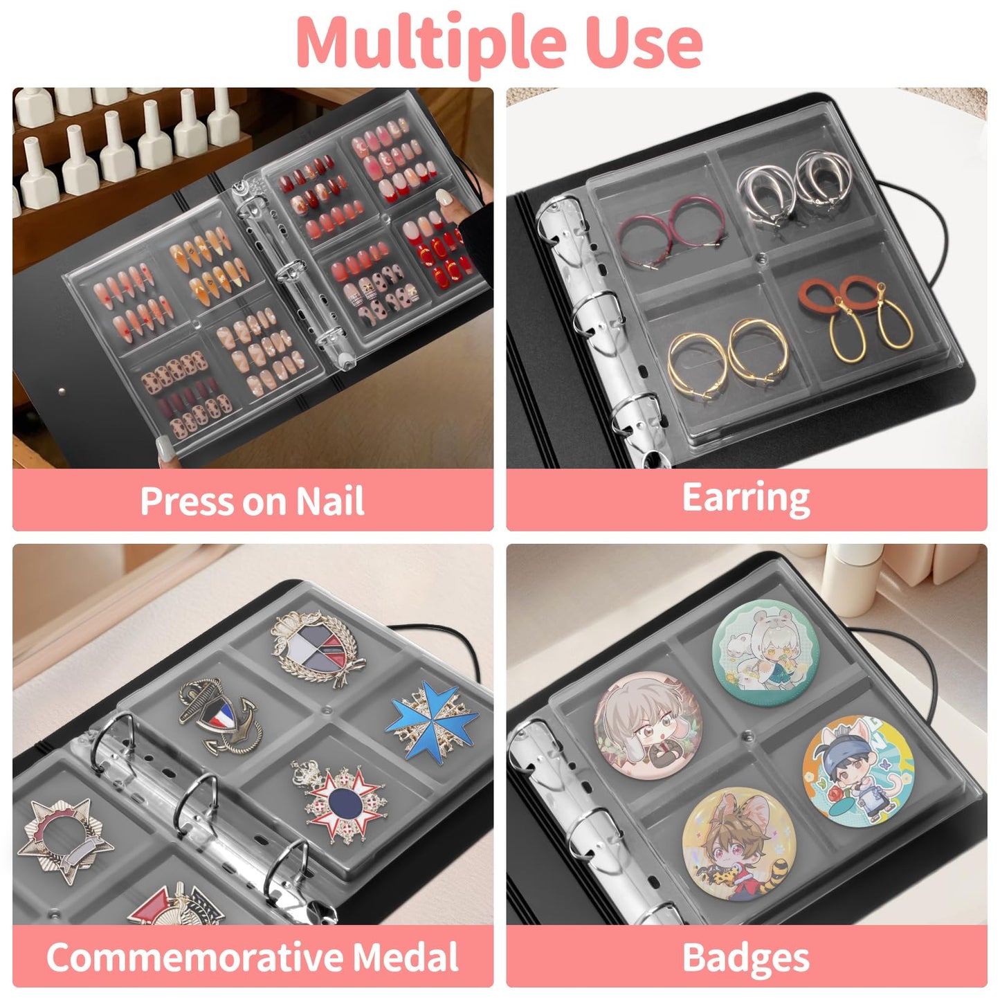 CGBE Press On Nail Organizer: Upgraded Dust & Crush-Resistant Protection, Removable D-Ring Binder Pages, Press On Nail Storage with Nail Tape