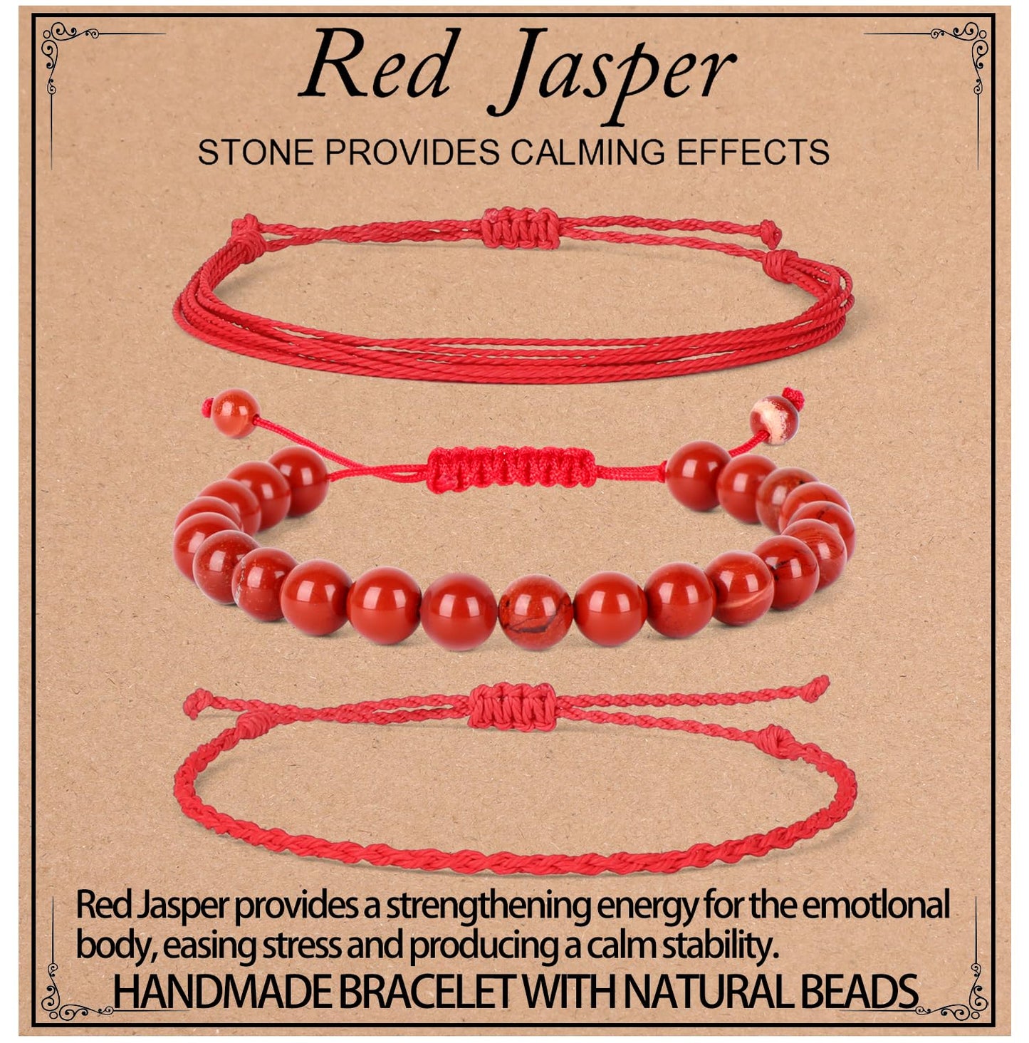 QOGIR Handmade Healing Bracelet,8mm Natural Red Jasper Gem Stone Beads Bracelet Gifts for Men Women with 2PCS Size Adjustable Rope Bracelets