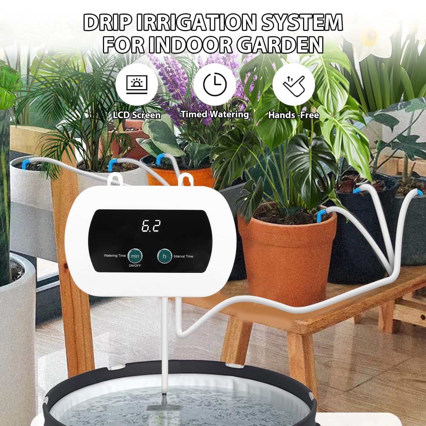 ZJchao Smart Drip Irrigation System Kit, Automatic Plant Waterer for 10 Potted Plants with 12 Tee Connectors 10 Drippers 1 Filter 10m Hose, 400ml min Flowrate IP65 LED Display (BSV-IC201)