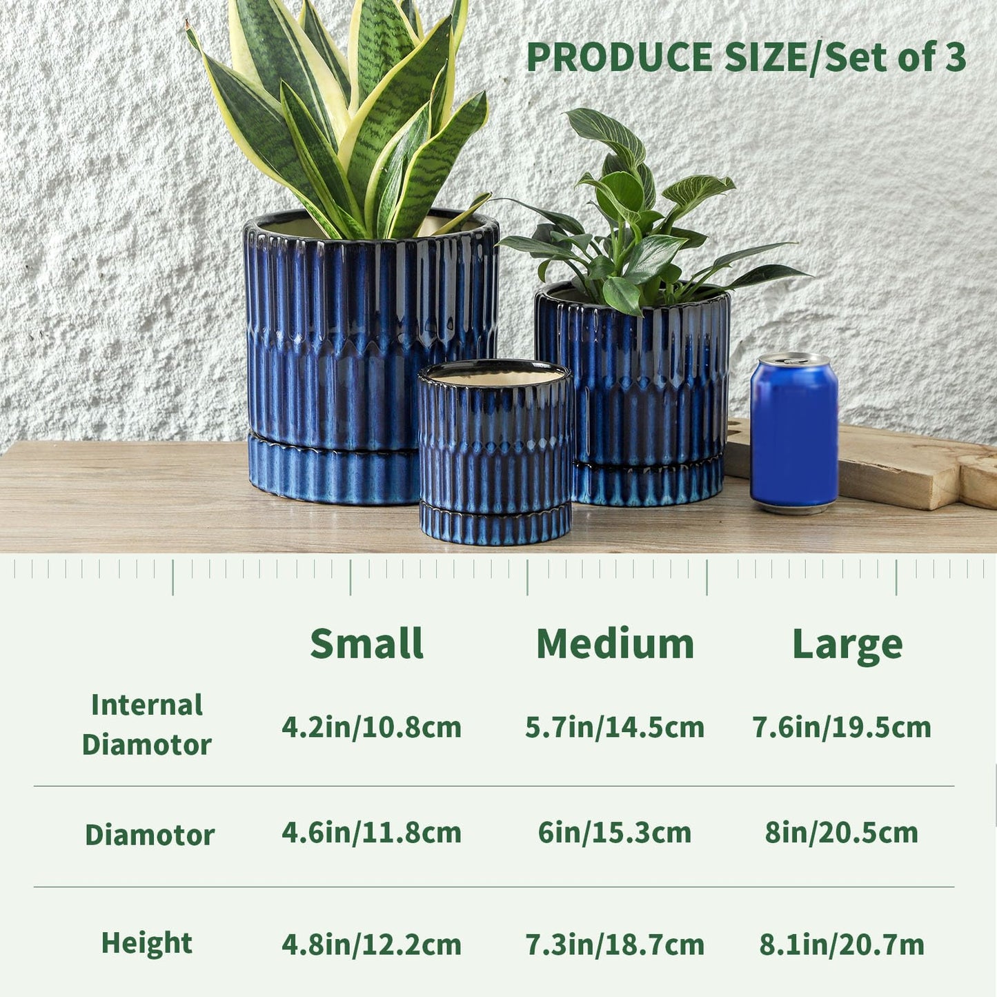 HASENSE Ceramic Plant Pots Set of 3 (8+6+4.6 Inch), Flower Planters with Drainage Hole and Saucer, Indoor Planter Pots for Succulents, Herbs, Ideal for Home Office Desktop Garden Decor(Blue)