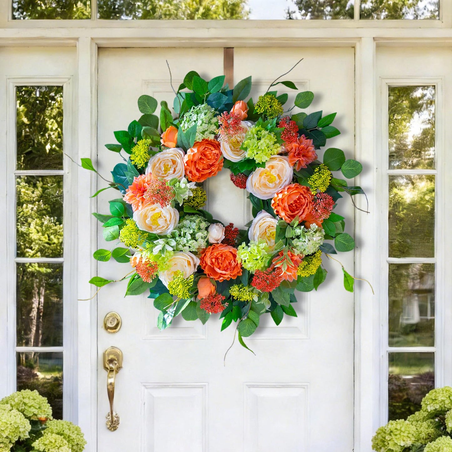 CHvista Spring Wreaths for Front Door Outside 24 Inch Luxury Summer Wreath with White Rose Flowers,Pink Dahlia & Green Hydrangeas,Lush Greenery Spring Front Door Wreath for Home,Wall,Porch Decor