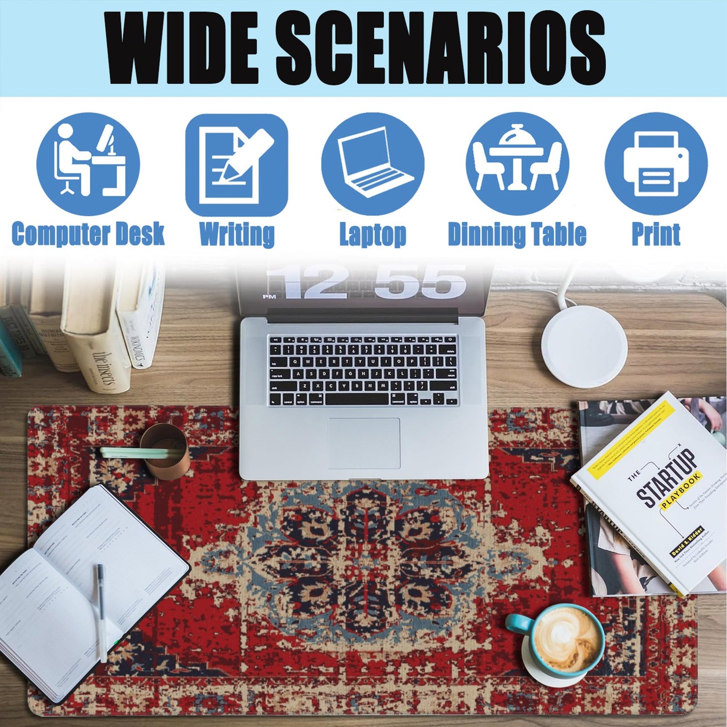 Desk Mat,Boho Carpet Style Large Gaming Mouse Pad for Desk XXL,Bohemian Rug Desk Pad,Extended Big Computer Keyboard Mouse Pad with Non-Slip Base and Stitched Edges 35.4"x15.7"