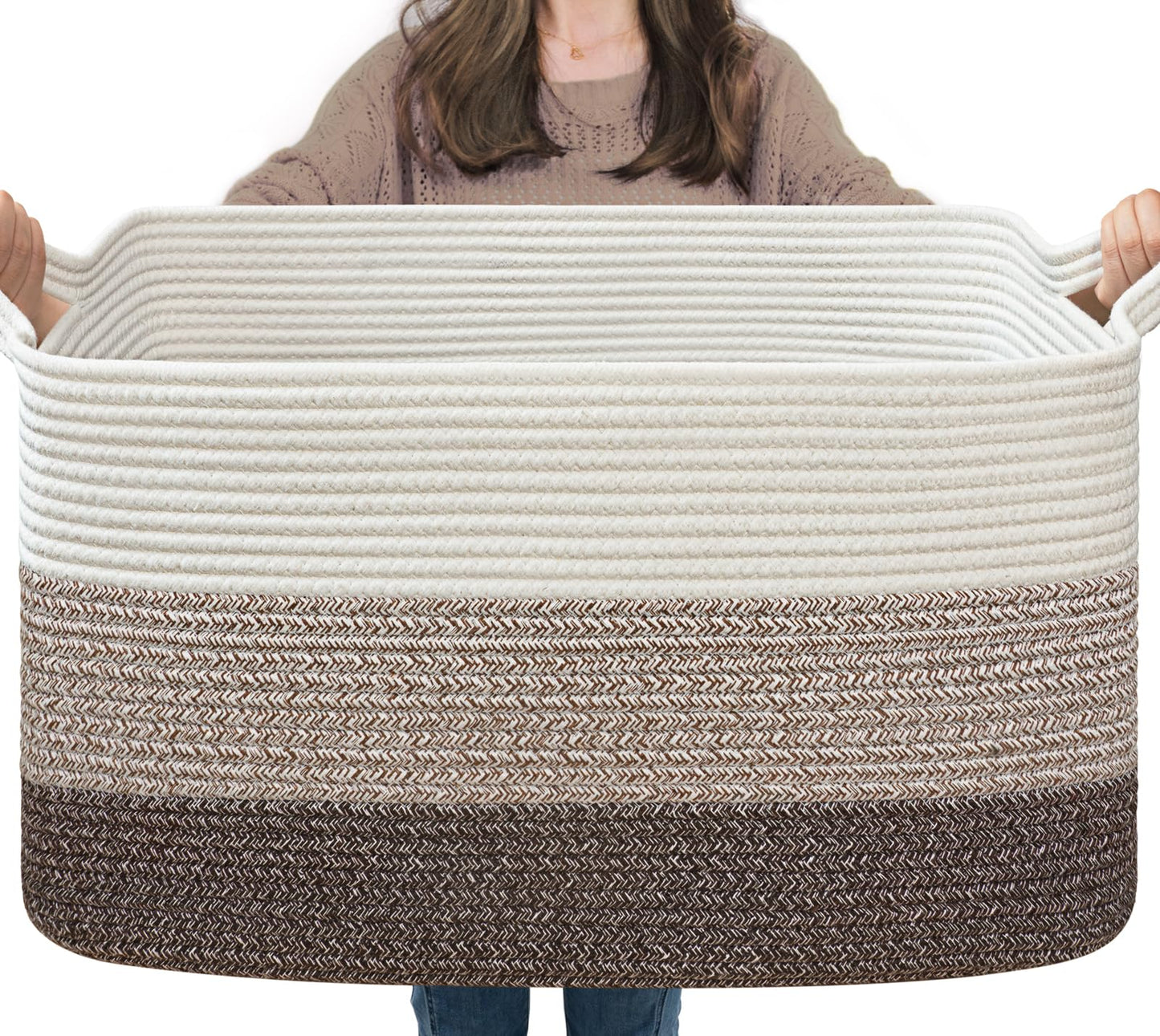 Goodpick Large Woven Storage Basket, 21.6"x14.9"x11.8", Blanket Storage for Bedroom and Living Room, Rectangle Rope Baskets for Storage, White Brown