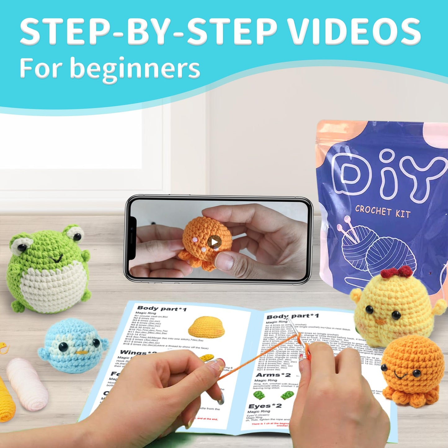YAMAXIN Crochet Kit for Beginners Adults – 4PCS Animal Amigurumi Crochet Starter Kit with Yarn, Hooks, Tools, and Video Tutorials – DIY Knitting Craft Kit (Chick, Frog, Penguin, Octopus)