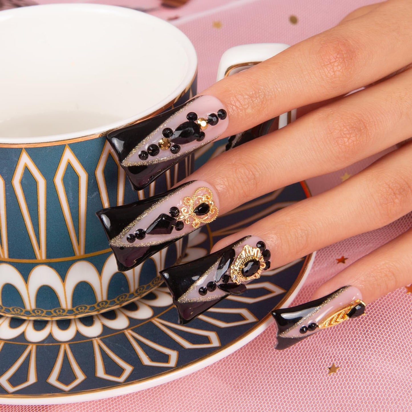 LOVFUL Press on Nails Obsidian Palace Black French Tip | Handmade with Full Covered Crystals | Reusable Fake Nails | Duck Classic Regular 1.3 in | H165-M