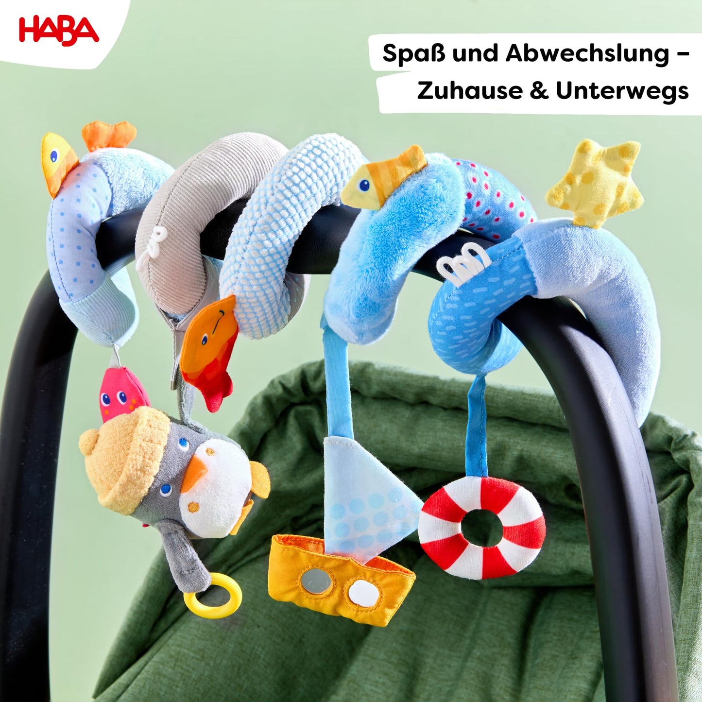 HABA Penguin Activity Spiral Car Seat Toy & Stroller Toy for Babies 0-18 Months, Soft Plush Baby Travel Gear with Crinkle, Rattle & Detachable Penguin