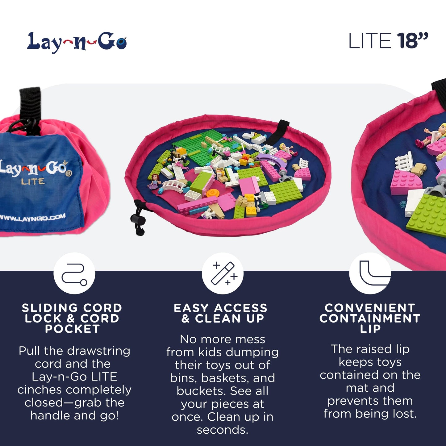 Lay-n-Go Layflat Portable Drawstring Cinch Storage Toy & Mini Figures Organizer & Play Mat, Mesh Pockets, Home & Travel, Kids & Toddlers Playdates, 2 Straps for Backpack, Durable, Machine Washable