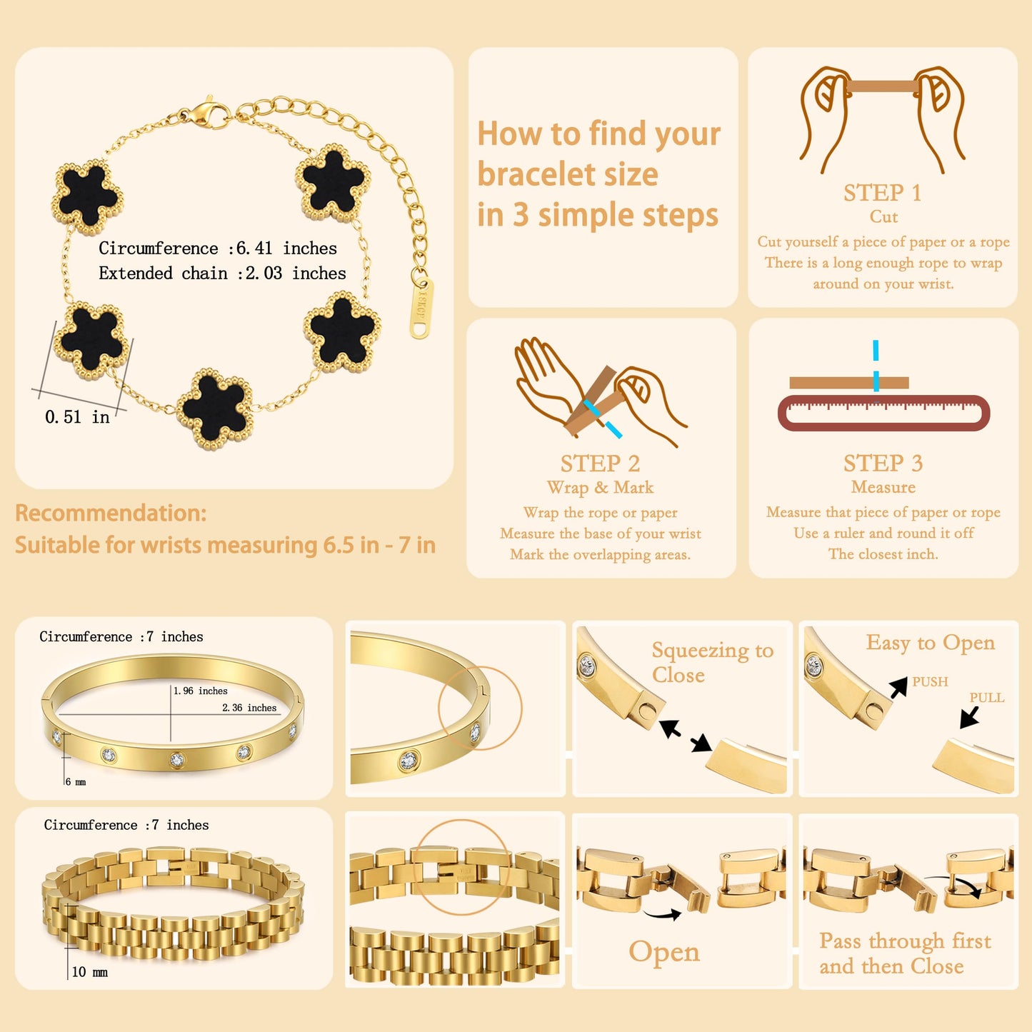 YOQ Stackable Four Leaf Clover Bracelets for Women, 18K Gold Plated Love Bangle Bracelets Set, 3 Pcs Charm Jewelry Gifts (Black)