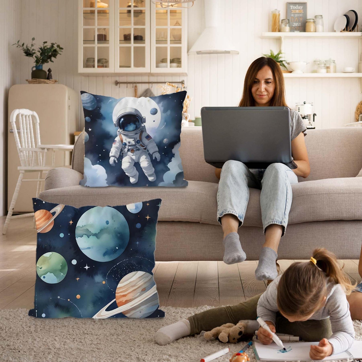Likjad Space Pillow Covers 18x18 Set of 2, Space Decor for Boys Room, Blue Cosmic Planets Astronaut Decorative Throw Pillow Covers for Kids Boys Room Playroom Nursery Decor