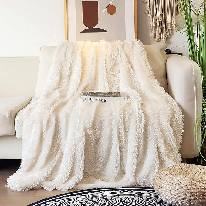 Tuddrom Decorative Extra Soft Faux Fur Blanket Queen Size 80"x90",Solid Reversible Fuzzy Fluffy Plush Fur Blanket for Couch Sofa Bed,Cream White