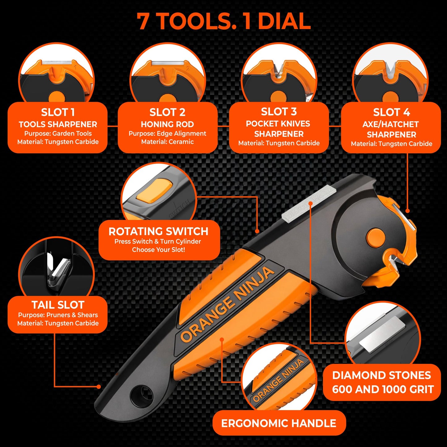 Orange Ninja 7-in-1 Garden Tool & Knife Sharpener – Sharpens Axe, Hatchet, Machete, Pruner & Shears – One Tool for All Your Outdoor Blades – Gift for Gardeners