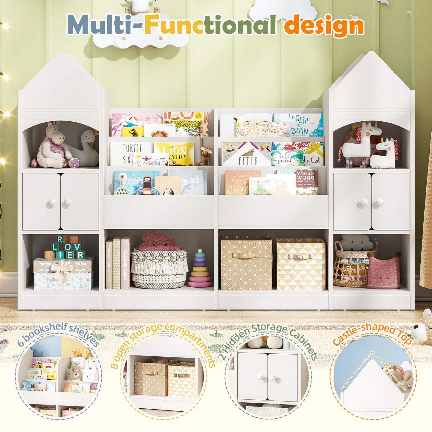Halitaa Castle Shape Children's Bookshelf, Kids Bookcase Display Case Kids Toy Storage Organizer Multifunctional Storage Cabinet Bookshelf Suitable for Playroom, Children's Room, Living Room, White