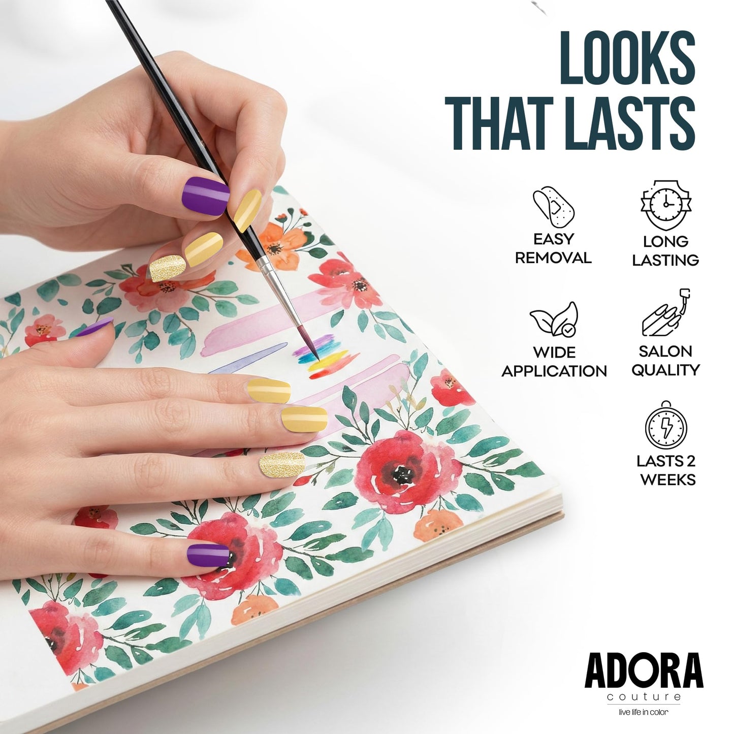 Adora Couture Semi Cured Gel Nail Strips with 20 Pieces - UV Gel Stickers, Manicure Kit, Easy Application Wraps Includes Prep Pads, Nail File, Wooden Stick - UV Light Required (Golden Plum)