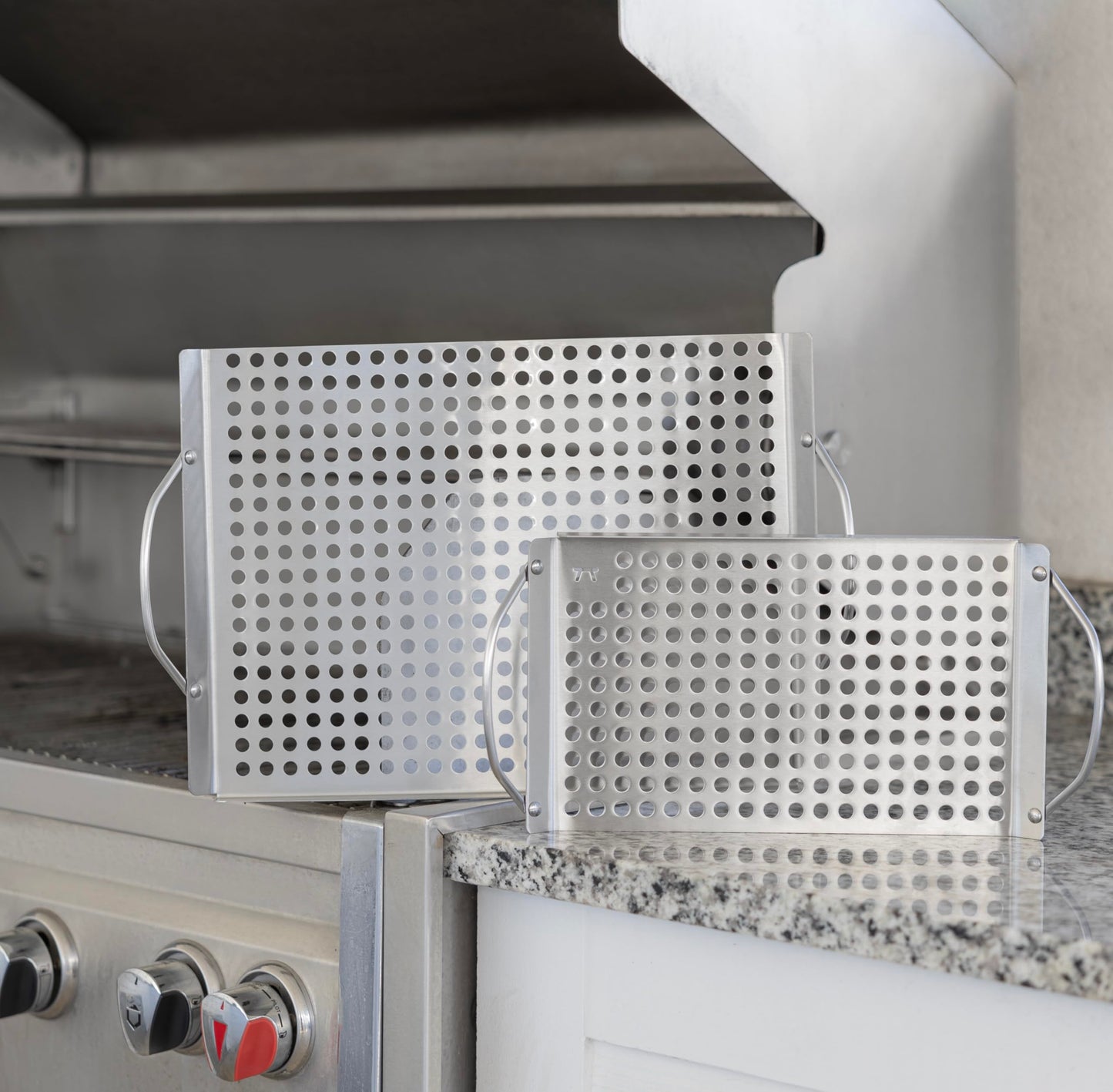 Outset Stainless Steel Grill Topper Grid, Set of 2, 11"x7" and 11"x17" BBQ Basket Trays