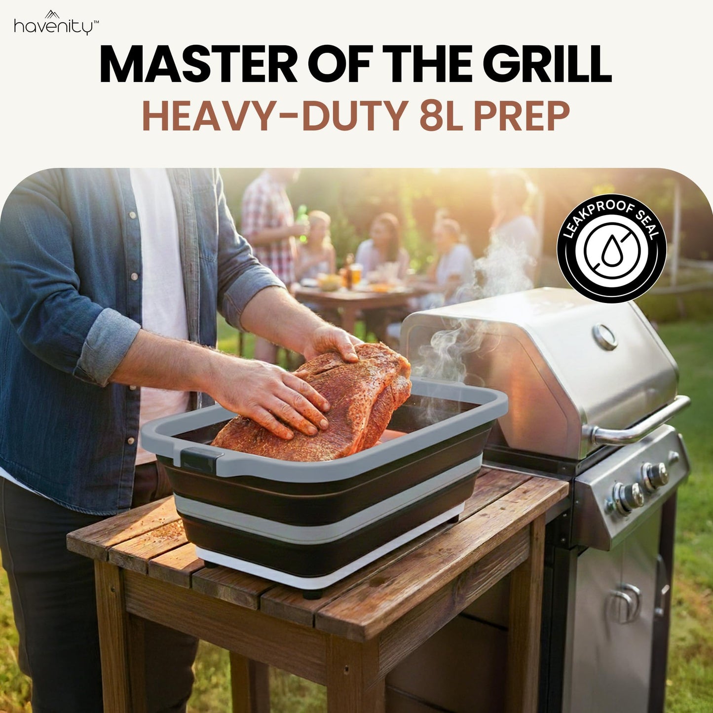 Havenity BBQ Prep Tub 2 Pack (8L+8L) - Multifunctional Collapsible Camping Cutting Board with Upgraded Locking lid, Meal Prep Meat Storage Container Perfect for Grilling, Outdoor Cooking (Large x 2)